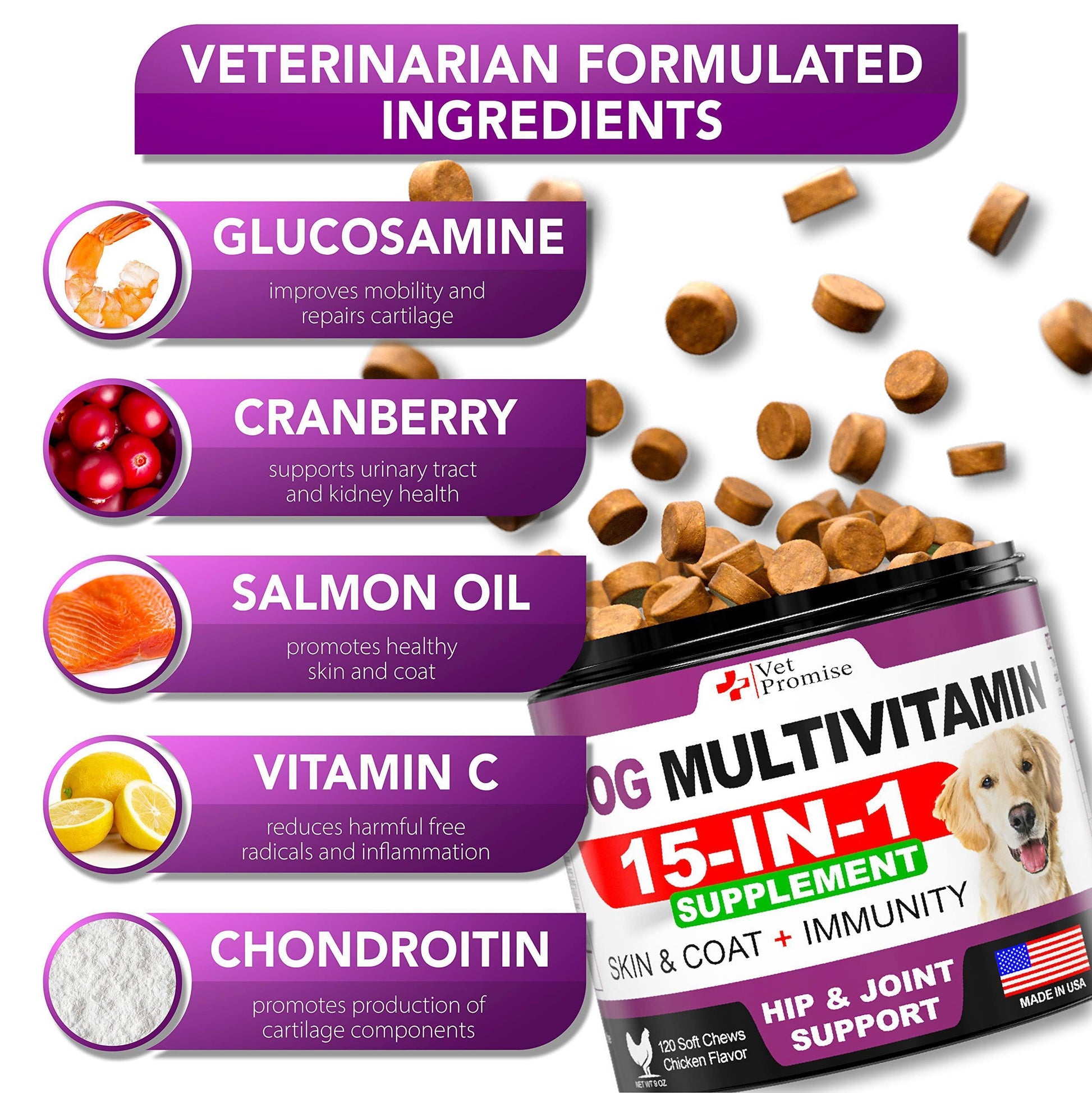 Vet Promise 15IN1 Multivitamin Supplement Complex for Dogs with Glucosamine. Joint Support, Immunity, Mobility, Energy, Gut, Skin Health Support. (120 Chews. Chicken Flavor) For Pet With Love