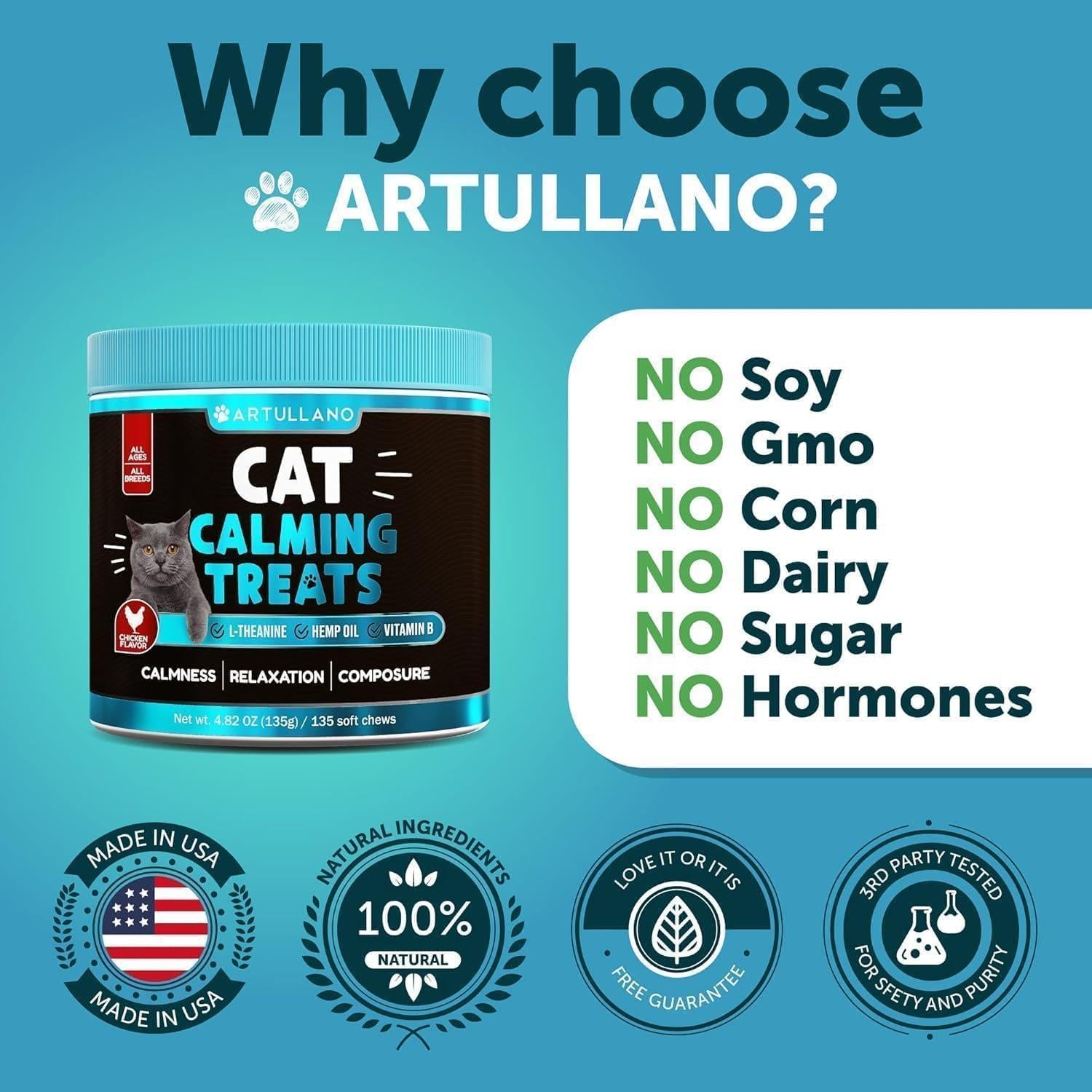 Artullano Hemp Cat Calming Treats for Stress & Anxiety Relief 135 Chews For Pet With Love