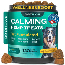 Load image into Gallery viewer, Vetrica Calming Hemp Treats container with a dog on the label, surrounded by treats.

