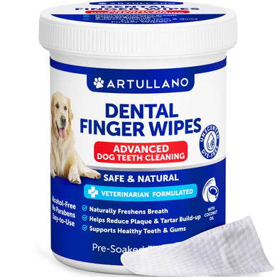 Artullano Dental Finger Wipes for dogs with a white container and blue label.