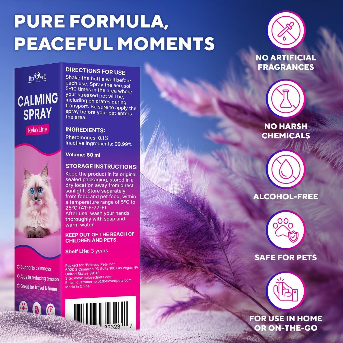 Beloved Pets RelaxLine Calming Pheromone Spray & Scratch Repellent for Cats. 100 ml (2 pack)
