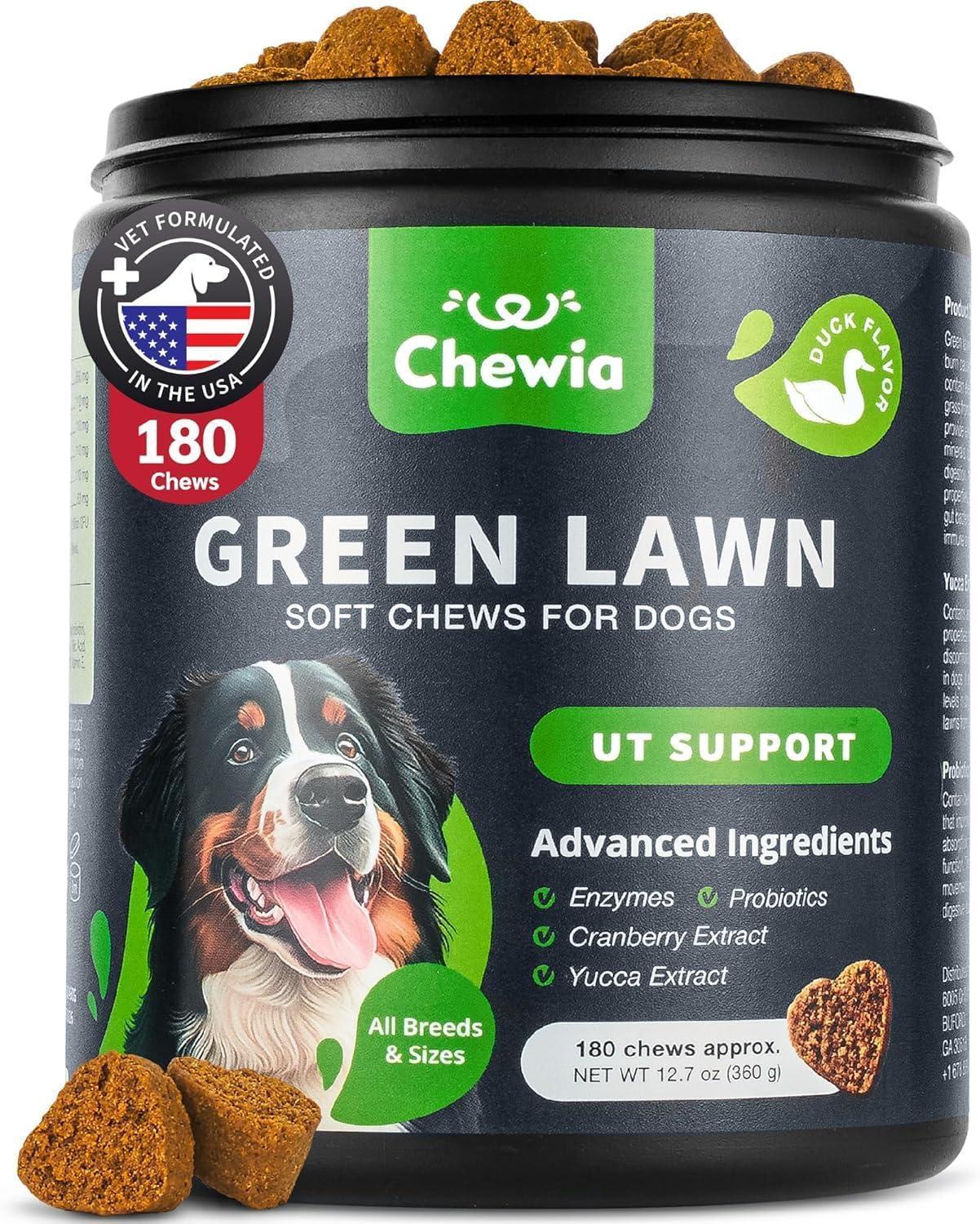 CHEWIA Grass Spot Probiotic Multivitamins Enzymes for Dogs. Vitality & UTI & Digective Support, Urine Neutralizer. 180 Chews. Duck Flavor. For Pet With Love