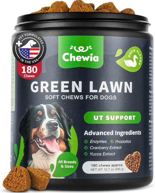 CHEWIA Grass Spot Probiotic Multivitamins Enzymes for Dogs. Vitality & UTI & Digective Support, Urine Neutralizer. 180 Chews. Duck Flavor. For Pet With Love