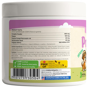 Makondo Pets Digestive Enzymes Probiotics Advanced Supplement Support for Gut Health, Gas, Diarrhea & Constipation Relief  120 Chews. Chicken Flavor