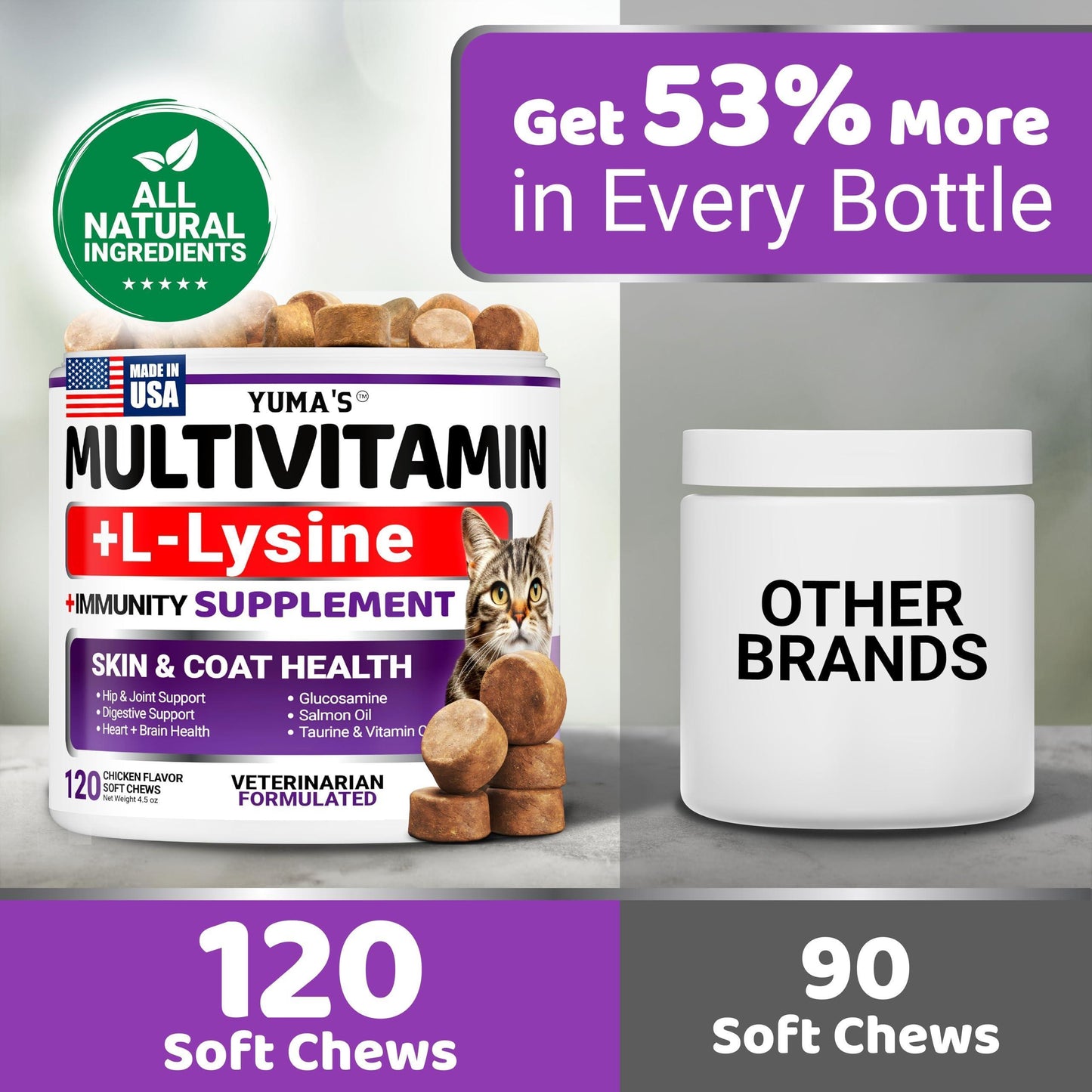 YUMA'S Multivitamin + Immunity Chewable Supplement Treats for Cats. Hip & Joint Support, Immune Health, Skin and Heart Supplement. Digestion Probiotics.