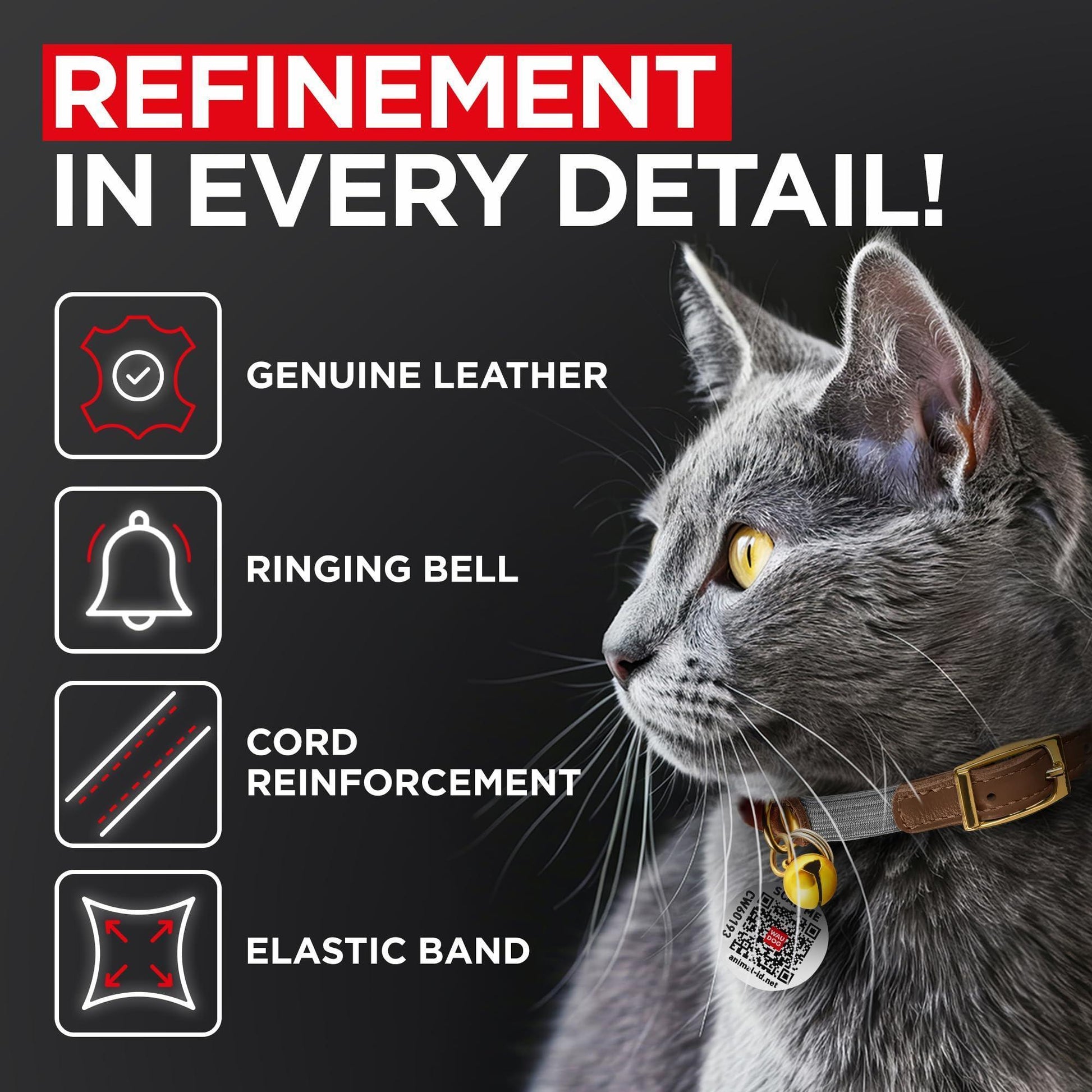 WAUDOG Ultra Soft Rolled Leather Cat Collar with Removable Bell Safety Elastic Strap and QR ID Tag. Brown. (Small) For Pet With Love