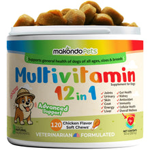 Load image into Gallery viewer, Makondo Pets Multivitamin 12-in-1 supplement for dogs with chicken flavor soft chews.
