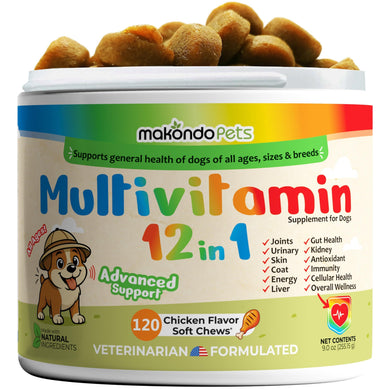 Makondo Pets Multivitamin 12-in-1 supplement for dogs with chicken flavor soft chews.