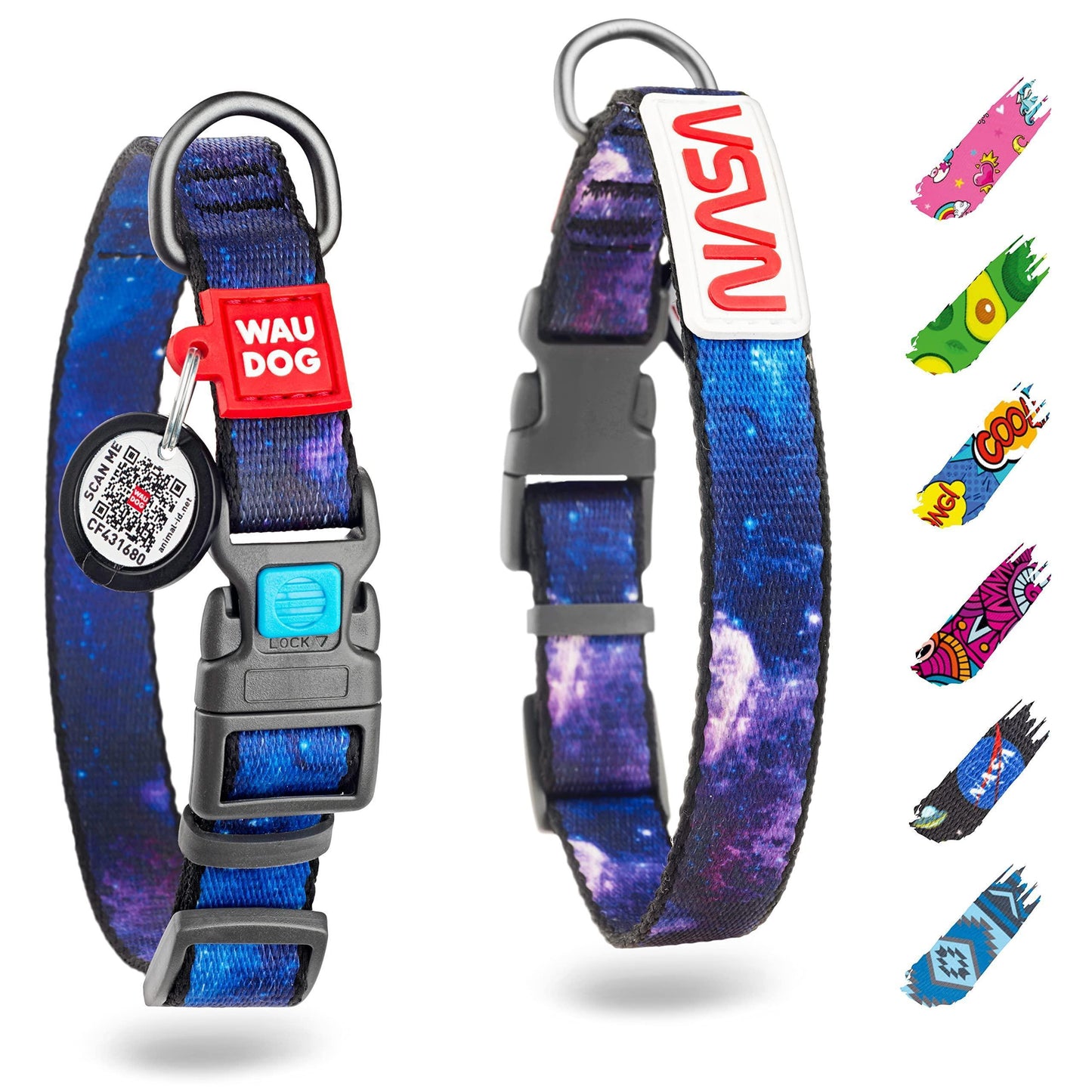 WAUDOG Adjustable Nylon Dog Collar with Durable Plastic Buckle and QR Dog Tag. MEDIUM (NASA-2 Print) For Pet With Love