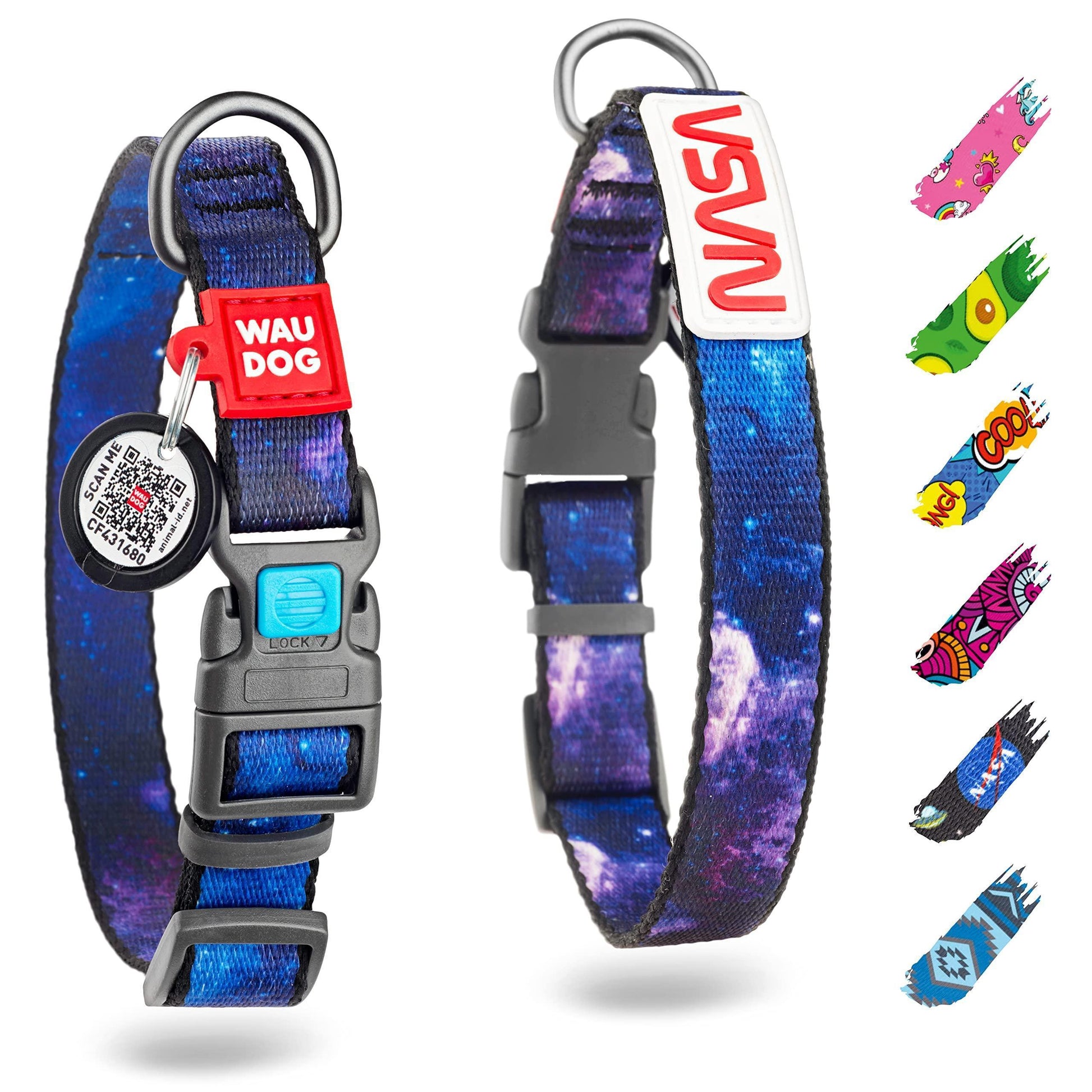 WAUDOG Adjustable Nylon Dog Collar with Durable Plastic Buckle and QR Dog Tag. LARGE (NASA-2 Print) For Pet With Love