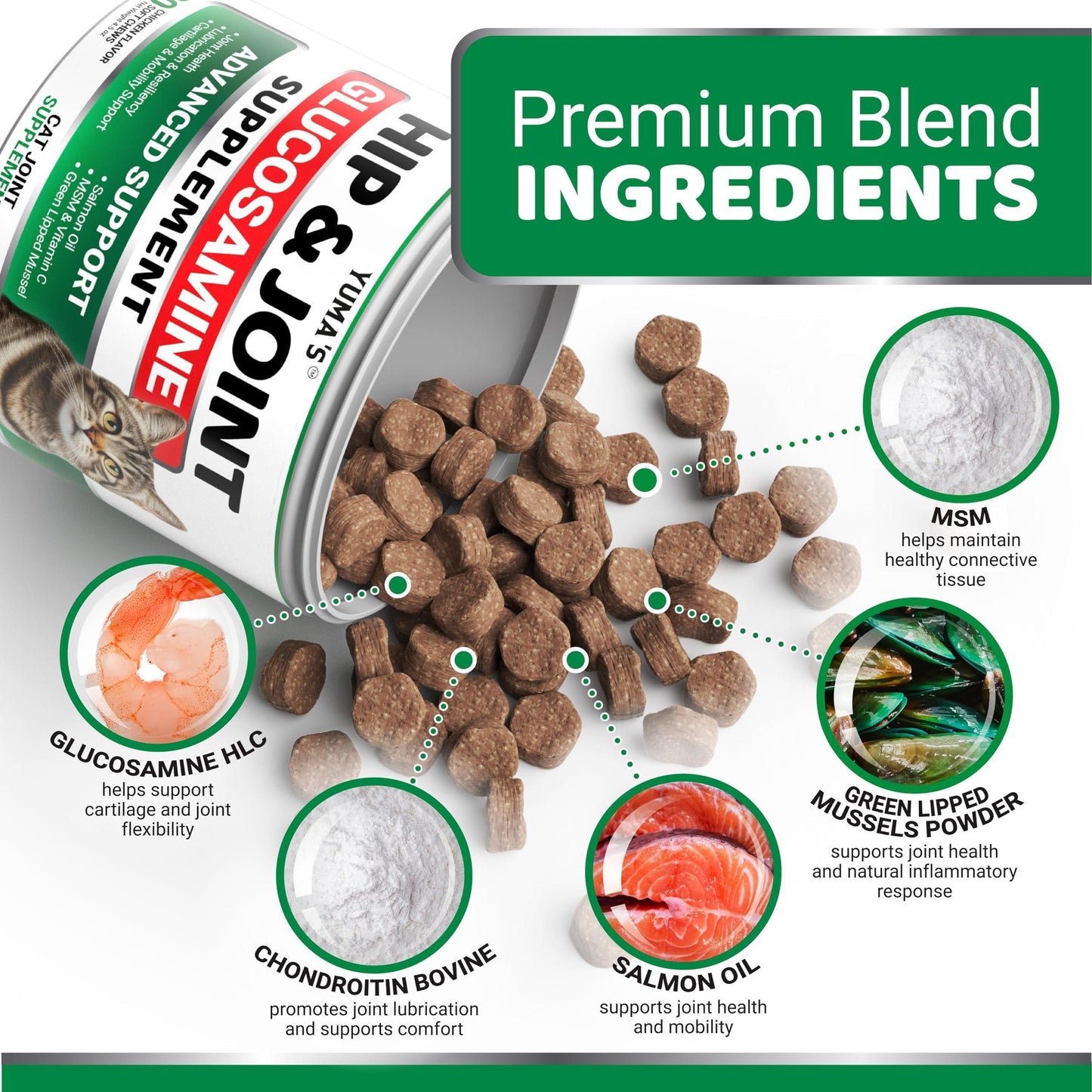 YUMA'S Hip and Joint Supplement for Cats with Glucosamine, MSM, Chondroitin & Omega-3 Salmon Oil. 120 Chews. Chicken Flavor.