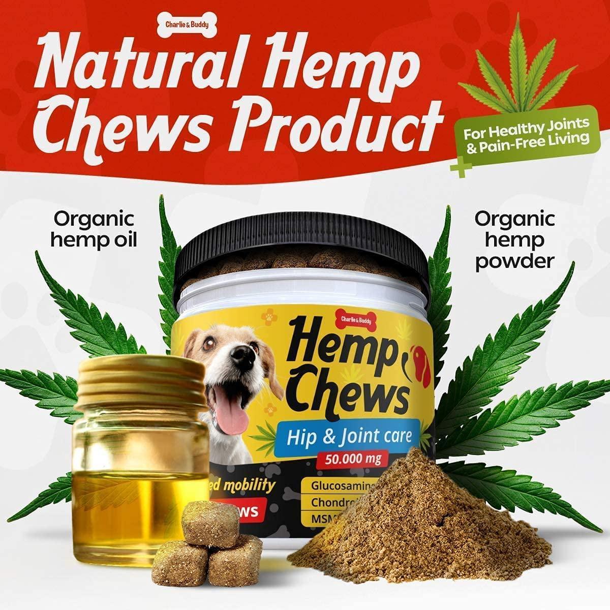 Charlie and Buddy Hemp Dog Hip and Joint Supplement w/Glucosamine Chondroitin 120 Ct For Pet With Love