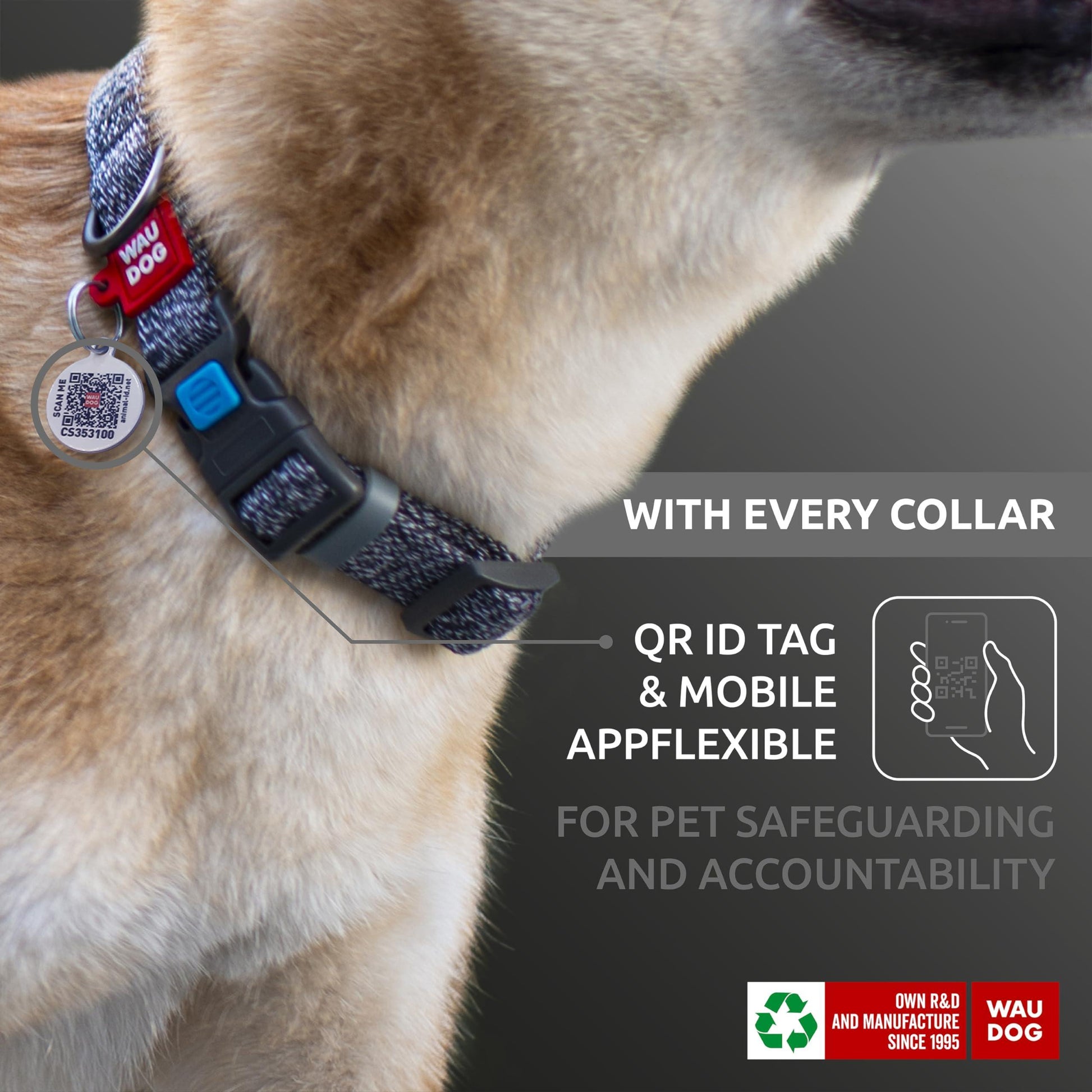 WAUDOG Reflective Cotton Dog Collar with QR ID Tag. Adjustable Eco Friendly Alternative to Nylon Collar. MEDIUM. Gray. For Pet With Love