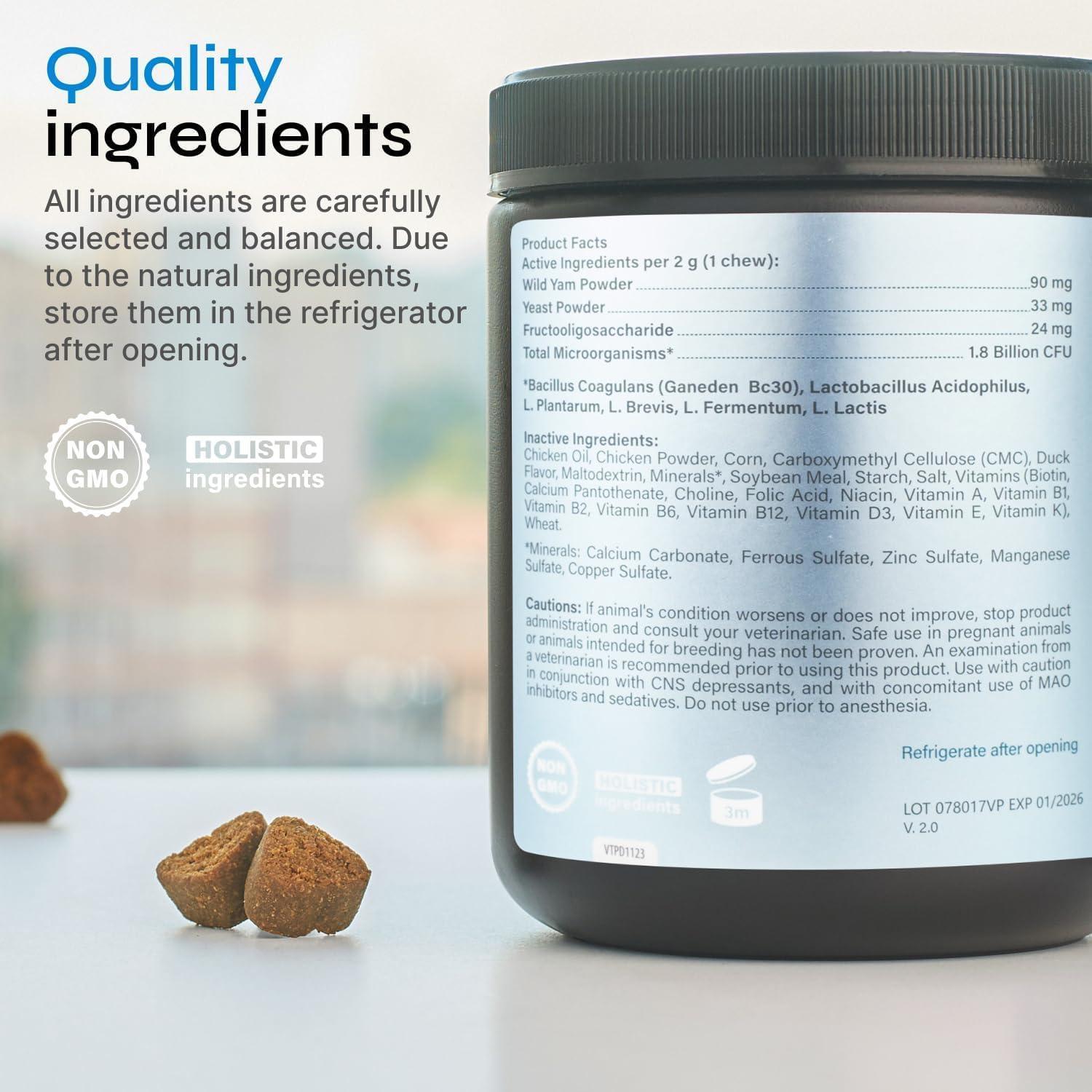 VETRICA Advanced Probiotic Diarrhea and Bowel Support Supplement for Dogs. Digestive and Gut Health, Dental, Immune System Support. 130 Chews. Duck Flavor For Pet With Love
