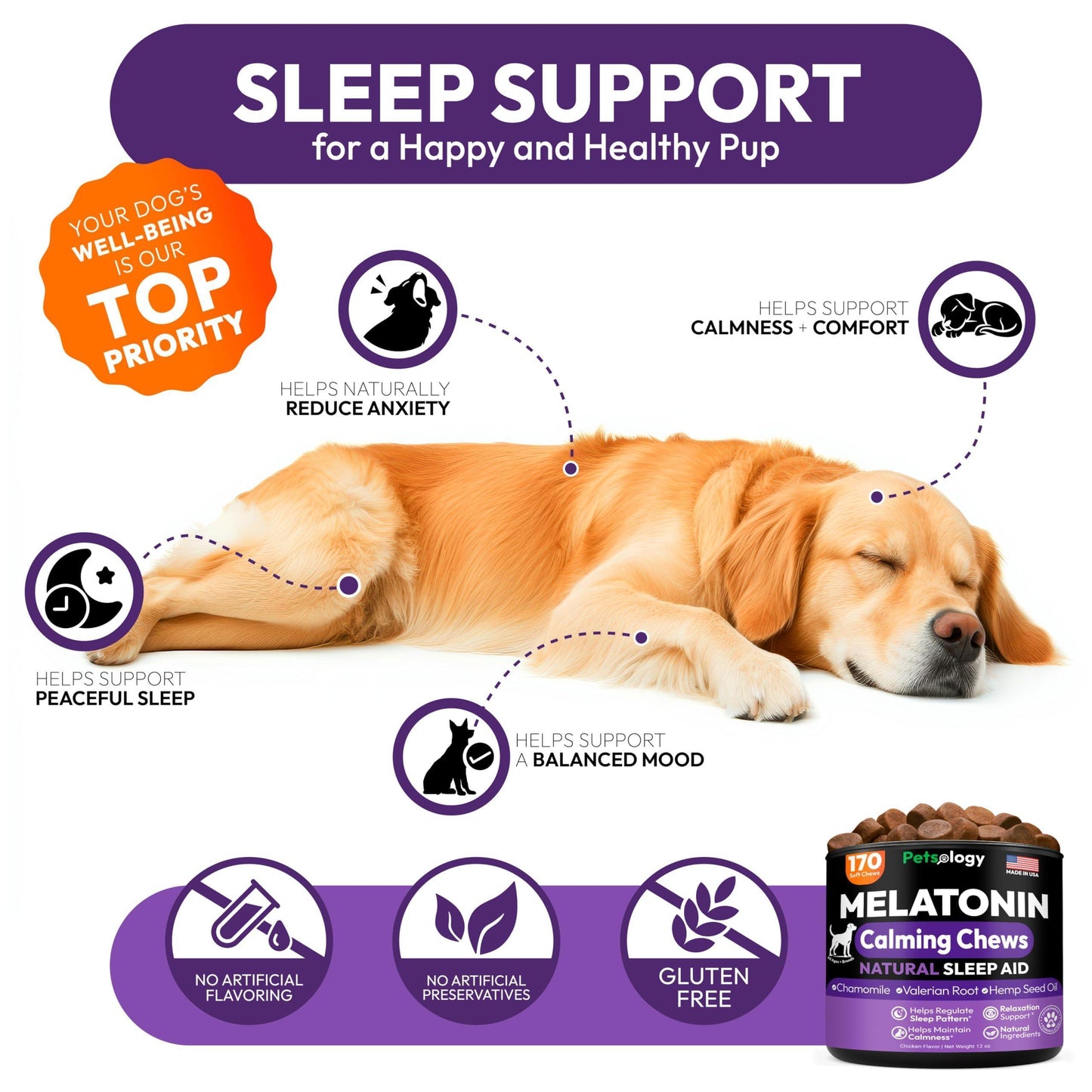 PETSOLOGY Melatonin Calming Chews for Dogs Natural Sleep Aid with Hemp Seed Oil, Chamomile, Valerian Root. Made in USA (170 Chews. Chicaken Flavor) For Pet With Love
