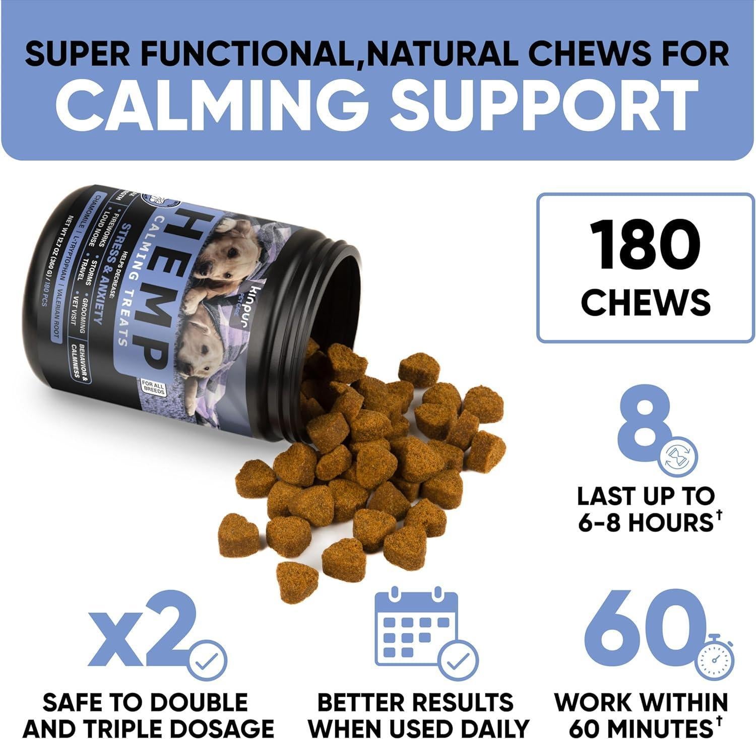Kinpur Pet Care Calming Chews for Dogs with Hemp Oil (180 count) For Pet With Love