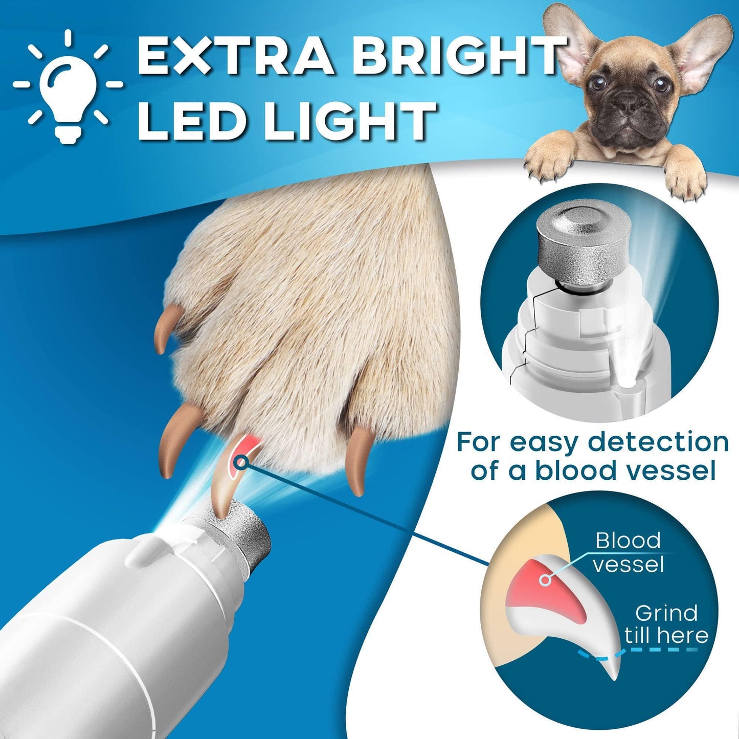 PRIMENS Rechargeable Dog Nail Grinder with LED Light (White) For Pet With Love