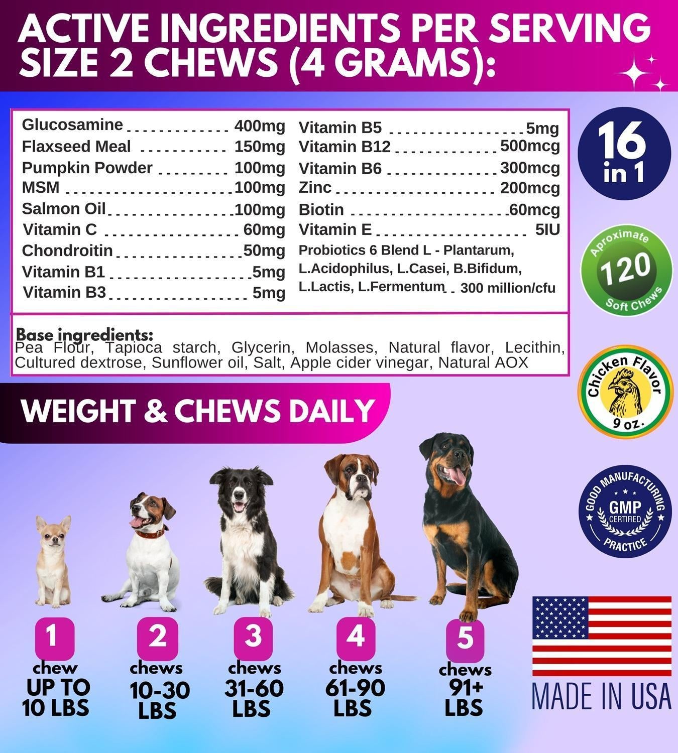 PAWIOUS Dog Multivitamin Chewable Supplement with Glucosamine 16in1 (120 Chews) For Pet With Love