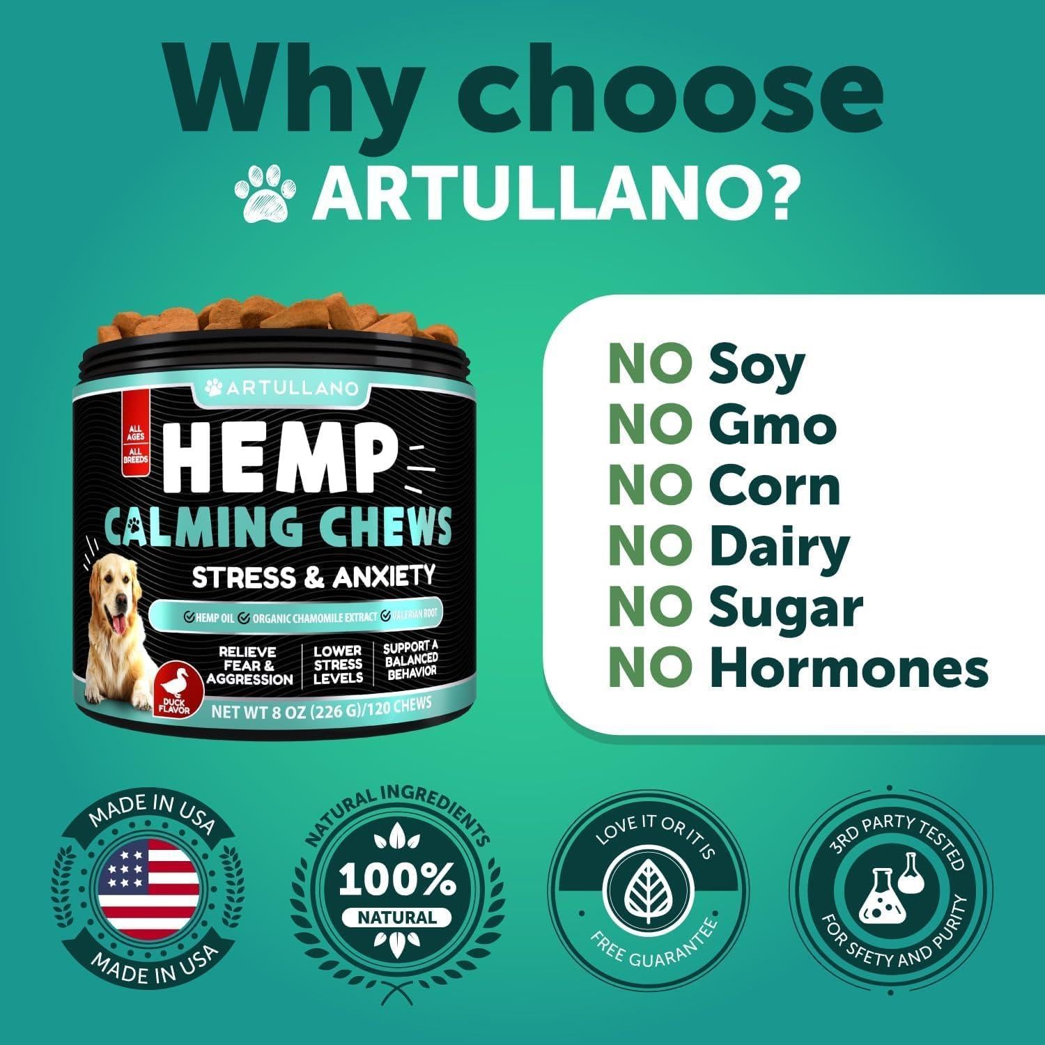 Artullano Hemp Anxiety Relief Calming Chews for Dogs 120 Chews For Pet With Love