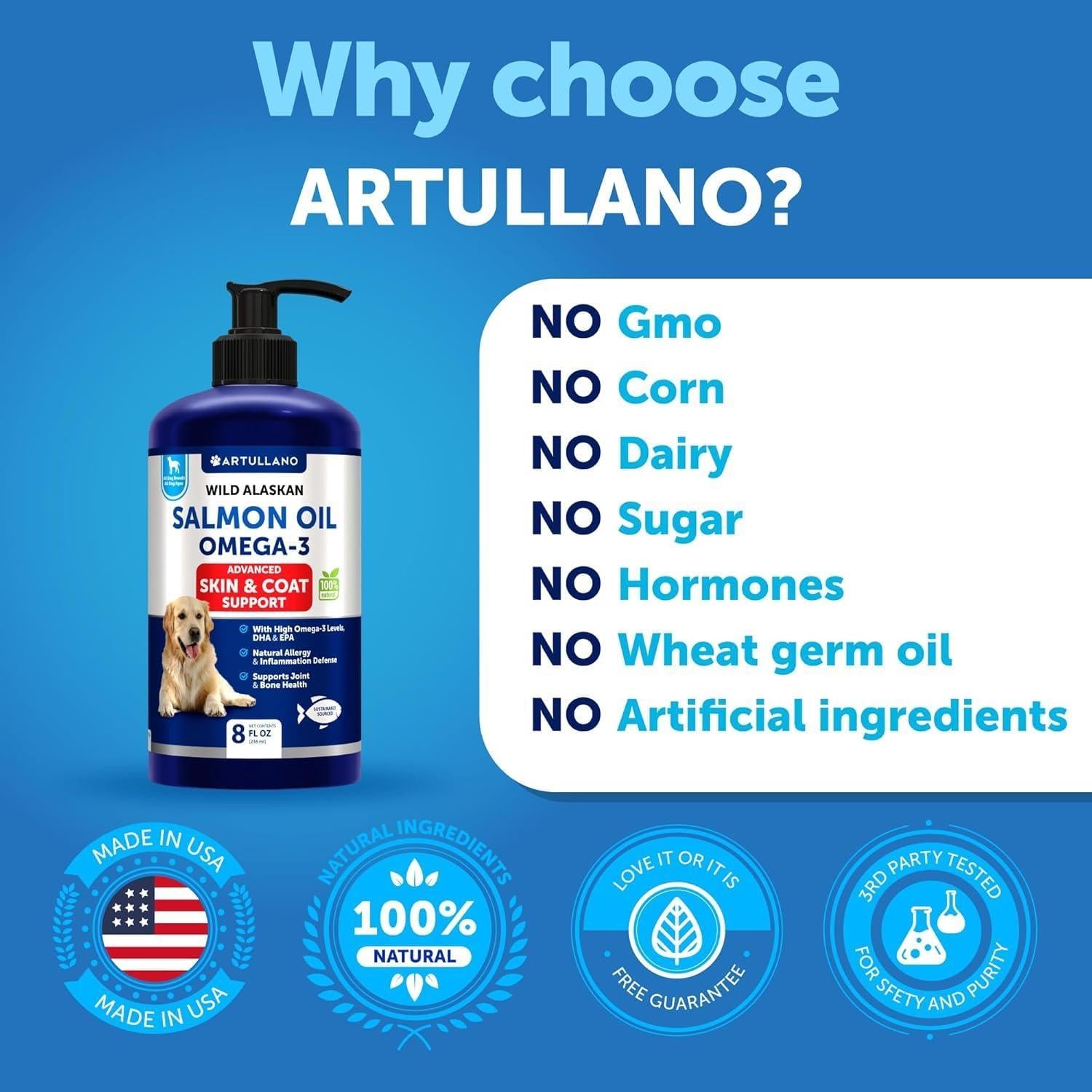 Artullano Salmon Oil for Dogs Liquid Supplement for Skin & Coat Allergy Joint & Bone Health 8 Oz For Pet With Love