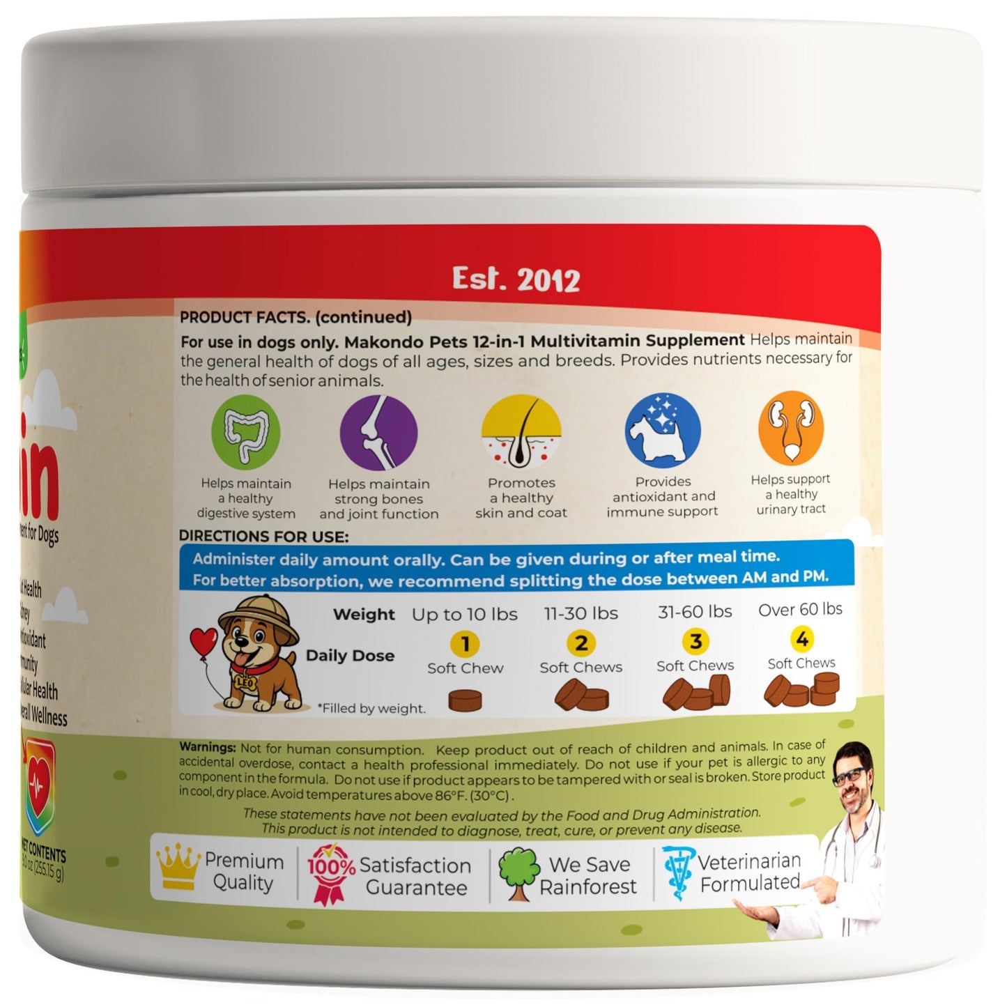 Makondo Pets 12 in 1 Dog Multivitamin complex for Dogs with Glucosamine Joint Support, Gut Digestive Enzymes & Probiotics, Cranberry Urinary Health & Vitamins for Energy. Skin, Coat, Liver & Immune Aid. 120 Soft Treats For Pet With Love