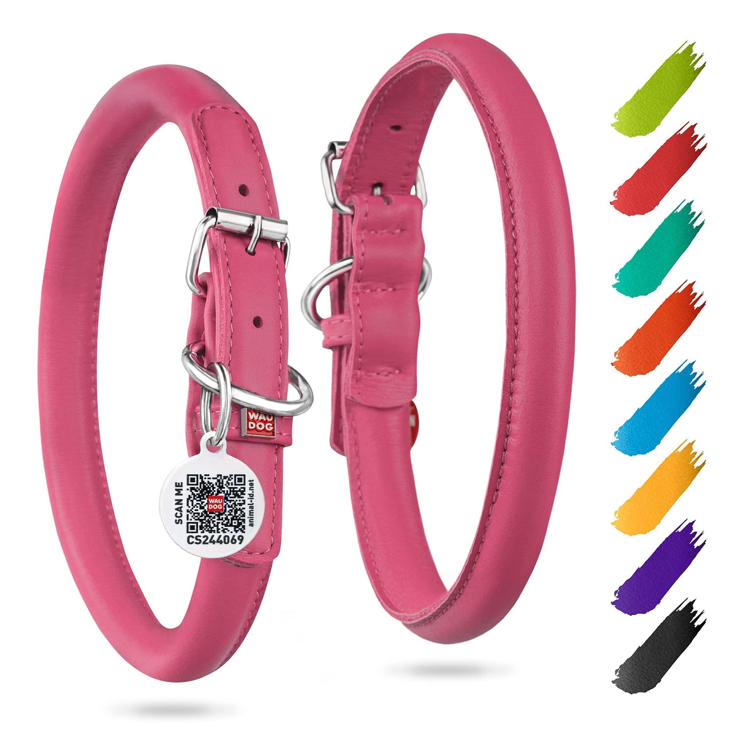 WAUDOG Ultra Soft Rolled Leather Soft Padded Dog Collar. PINK. X-Small For Pet With Love
