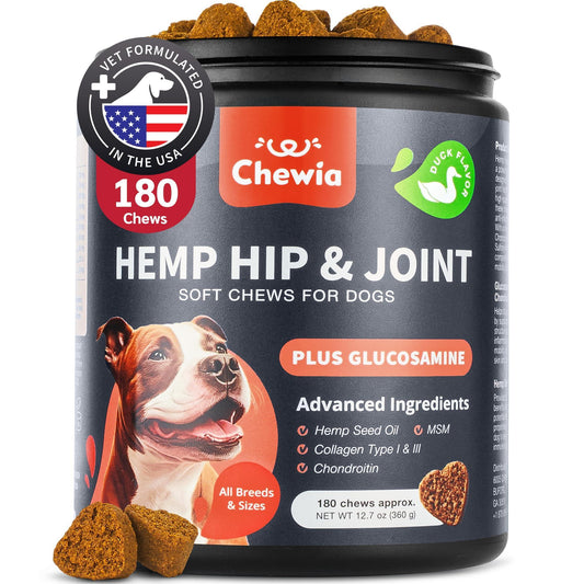 CHEWIA Hemp Glucosamine Chondroitin Hip and Joint Supplement for Dogs 180 Ct For Pet With Love