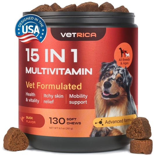 VETRICA 15in1 Dog Multivitamin Chews for Hip & Joint, Immune System, Coat & Mobility 130 Chews For Pet With Love
