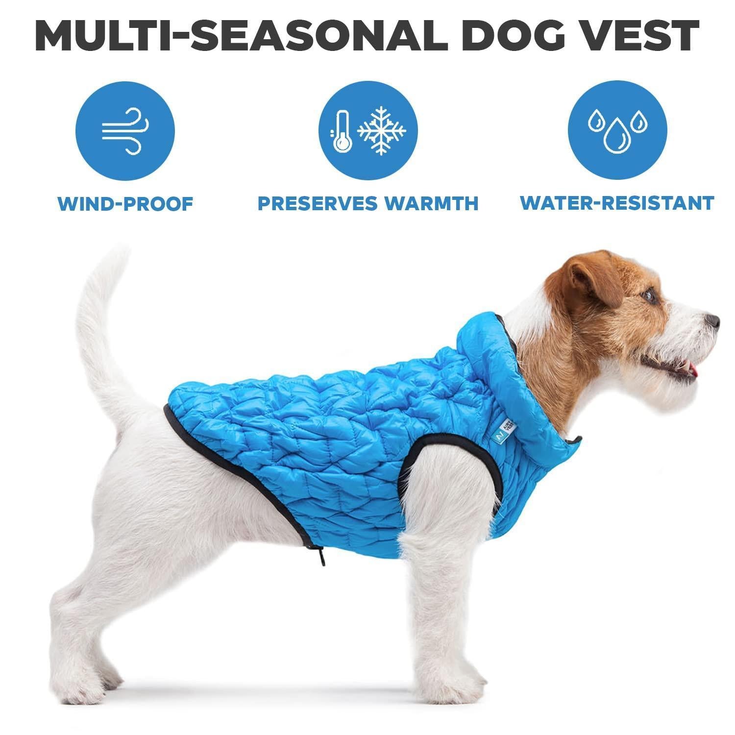 AiryVest Lightweight Reversible Water Resistant Puffer Dog Jacket - XS28 - Blue/Black For Pet With Love