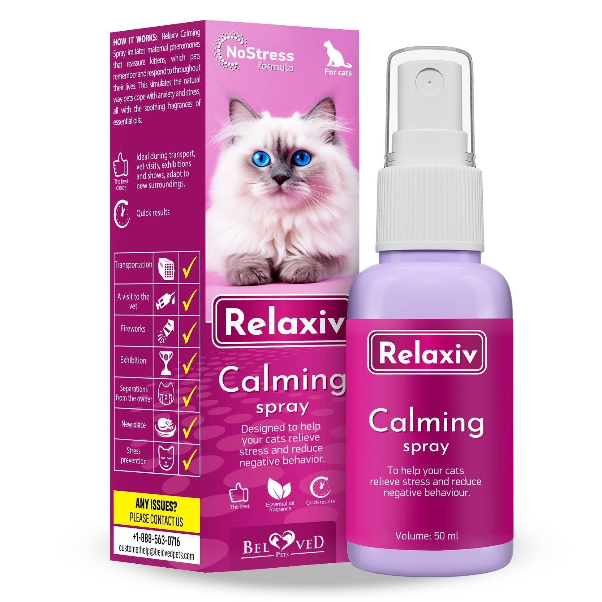 Beloved Pets RELAXIV Calming Pheromone Spray & Scratch Repellent for Cats. Reduces Furniture Scratching,  Fighting and Hiding. Helps to Relief Stress During Travel, Fireworks, Thunder, Vet Visits. 50mL For Pet With Love