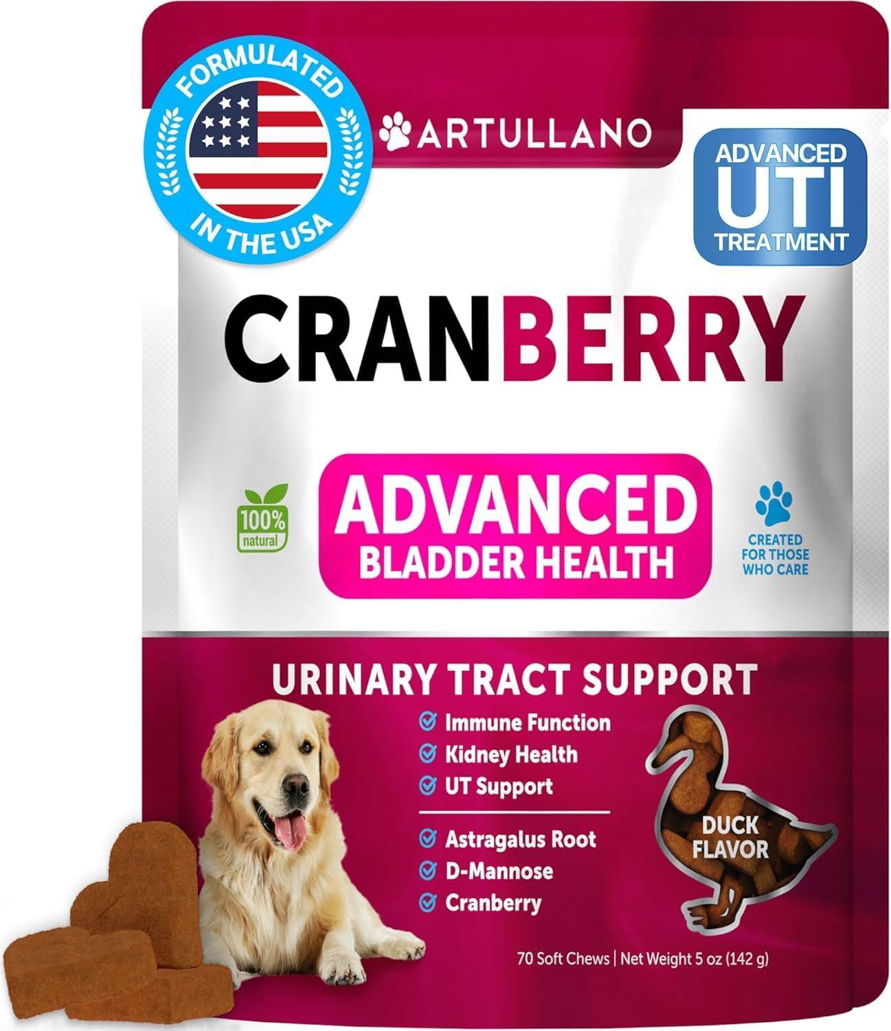 Artullano Cranberry Dog UTI Treatment & Bladder Control, Kidney Support with Fish Oil 70 Chews For Pet With Love