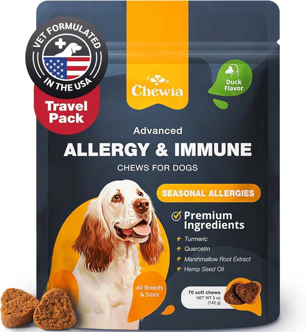 CHEWIA Dog Allergy Itch Relief Chews for Dogs. US Formulated Immune Health Seasonal Allergies & Hot Spots Support Treats with Salmon Oil (70 Chews. Duck Flavor) For Pet With Love