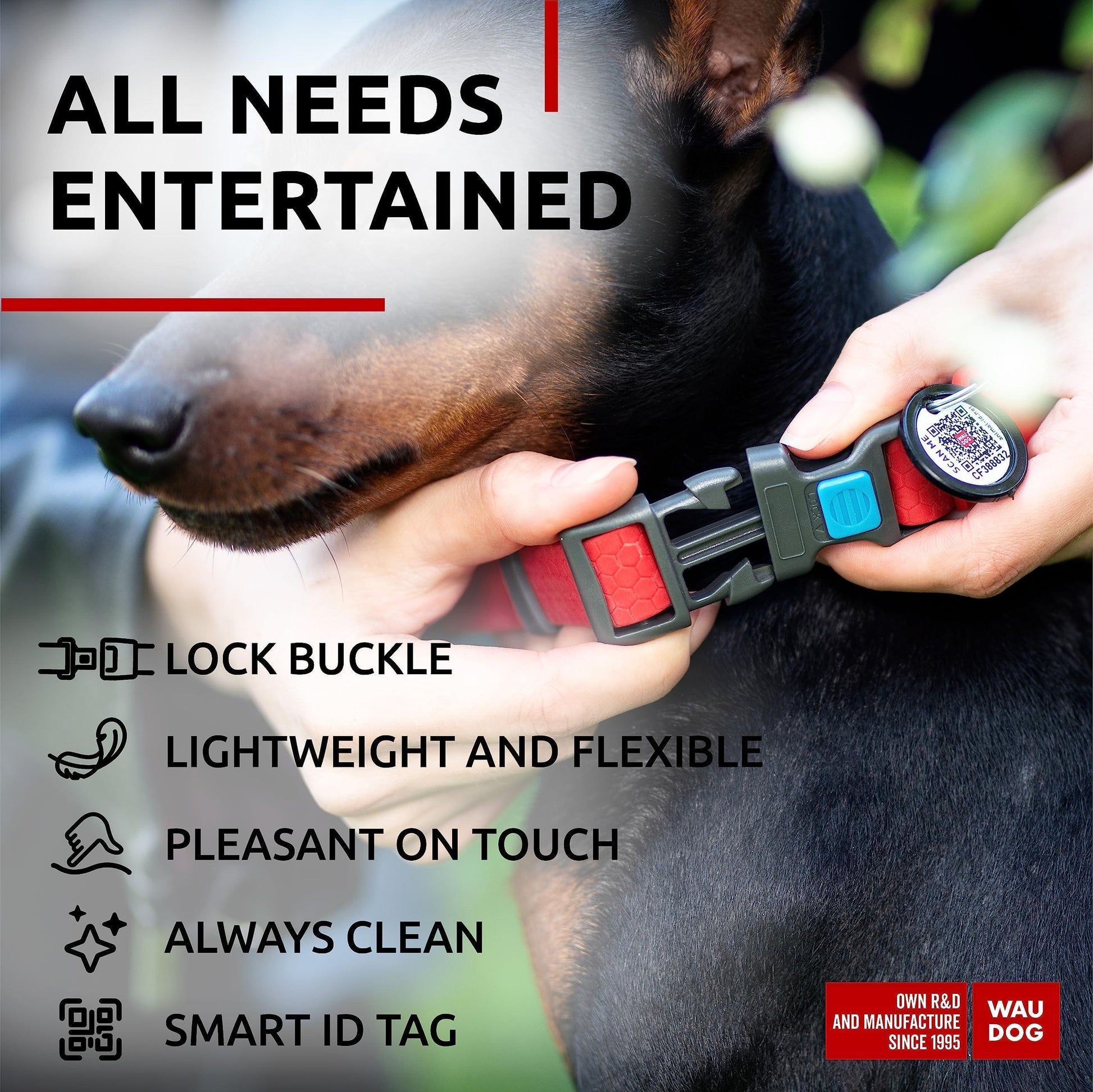 WAUDOG Adjustable Waterproof  Dog Collar with Plastic Buckle and QR Dog Tag RED SMALL For Pet With Love