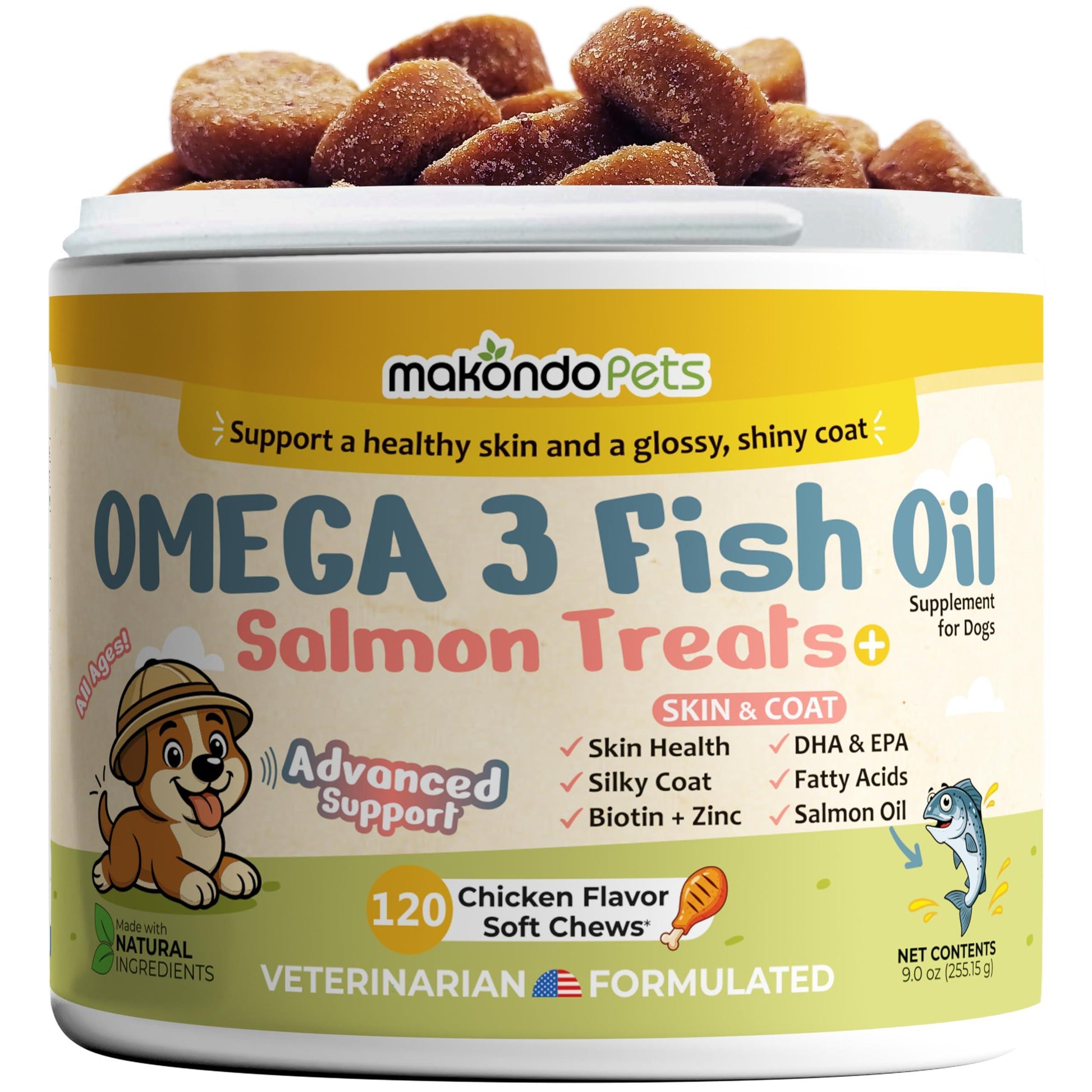 Makondo Pets Omega 3 Allergy, Itch and Hot Spots Relief, Skin and Coat Supplement for Dogs. Joint Health Support with EPA & DHA Fatty Acids Biotin.  120 Fish Oil Soft Chews for Shedding  Dogs with Salmon Oil For Pet With Love