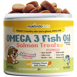 Makondo Pets Omega 3 Allergy, Itch and Hot Spots Relief, Skin and Coat Supplement for Dogs. Joint Health Support with EPA & DHA Fatty Acids Biotin.  120 Fish Oil Soft Chews for Shedding  Dogs with Salmon Oil