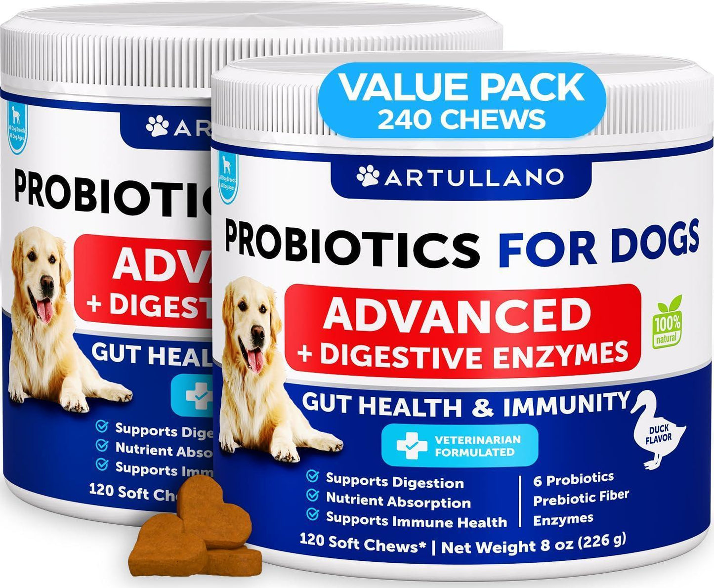 Artullano Probiotics for Dogs. Probiotics Digestive Enzymes with Prebiotic Fiber for Gut Health, Itchy Skin, Allergies, Immunity Yeast Balance. (2-Pack) 240 Treats