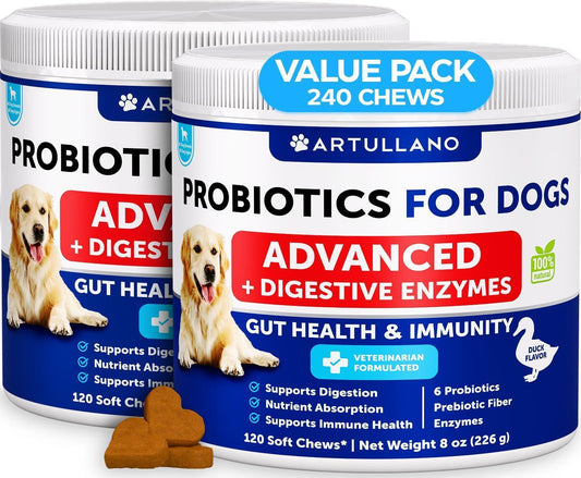 Artullano Probiotics for Dogs. Probiotics Digestive Enzymes with Prebiotic Fiber for Gut Health, Itchy Skin, Allergies, Immunity Yeast Balance. (2-Pack) 240 Treats