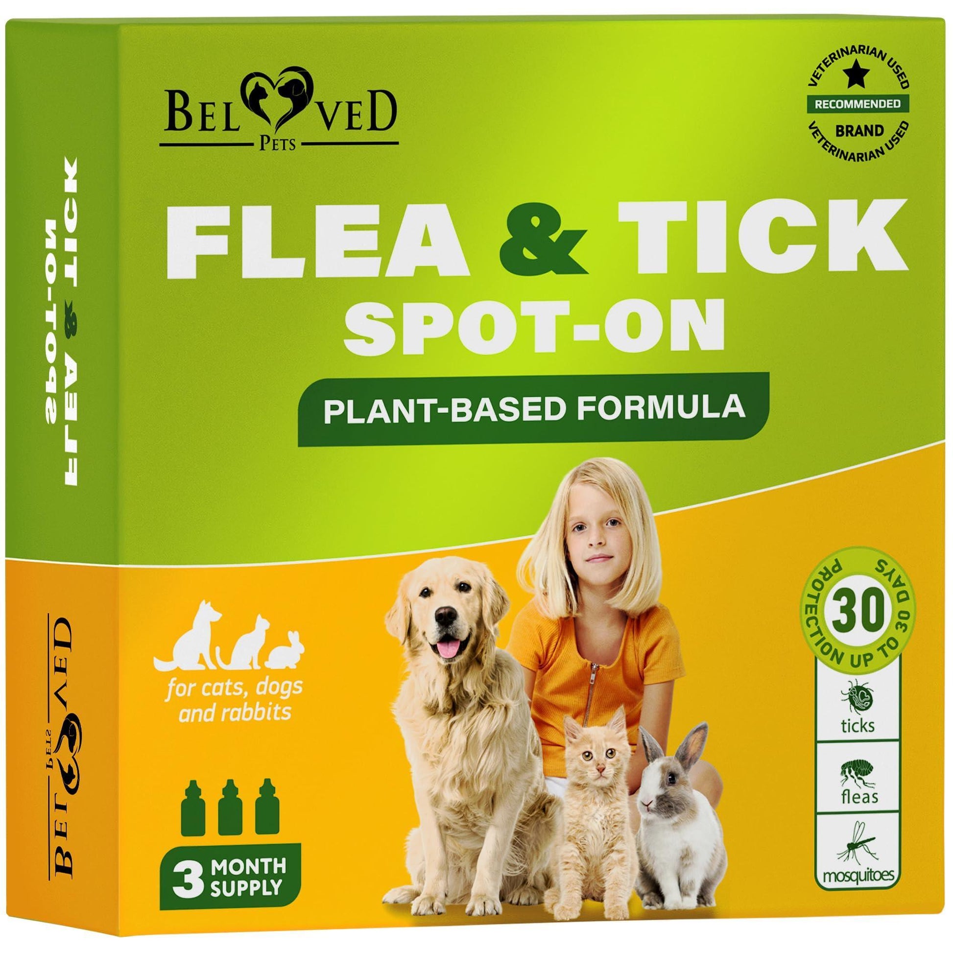 Beloved Pets Natural Flea and Tick Prevention for Dogs, Cats & Rabbits. Topical Flea & Mosquito Repellent. 3 Months Supply For Pet With Love