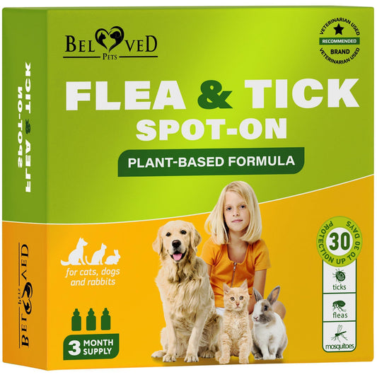 Beloved Pets Natural Flea and Tick Prevention for Dogs, Cats & Rabbits. Topical Flea & Mosquito Repellent. 3 Months Supply For Pet With Love