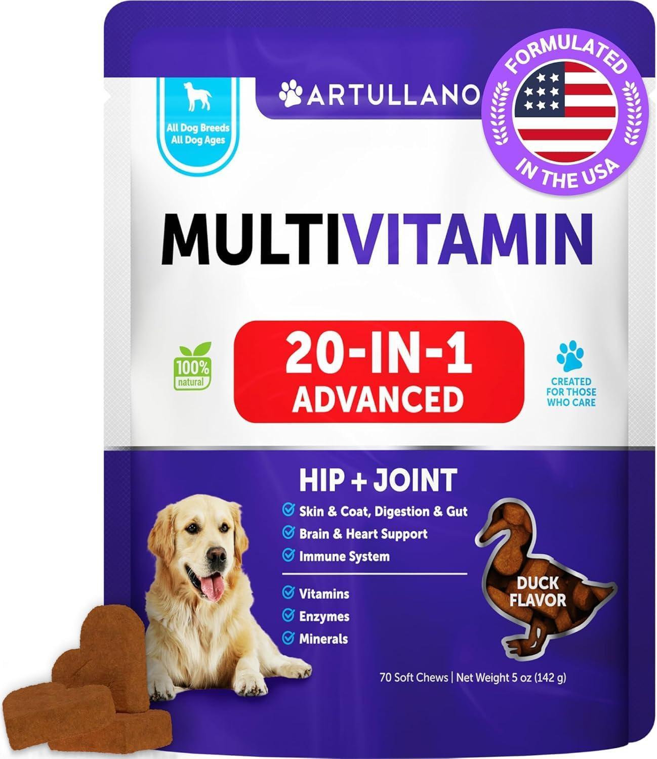 Artullano 20 in 1 Chewable Dog Multivitamin Supplement with Glucosamine. Pet Hip & Joint Support, Immunity, Mobility, Skin, Digestion Suppprt. (70 Soft Treats. Duck Flavor) For Pet With Love