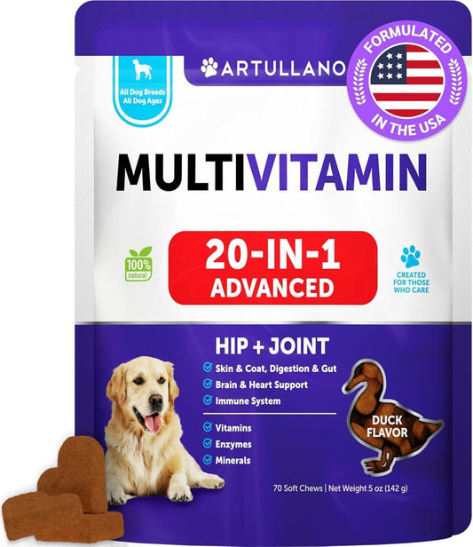 Artullano 20 in 1 Chewable Dog Multivitamin Supplement with Glucosamine. Pet Hip & Joint Support, Immunity, Mobility, Skin, Digestion Suppprt. (70 Soft Treats. Duck Flavor) For Pet With Love