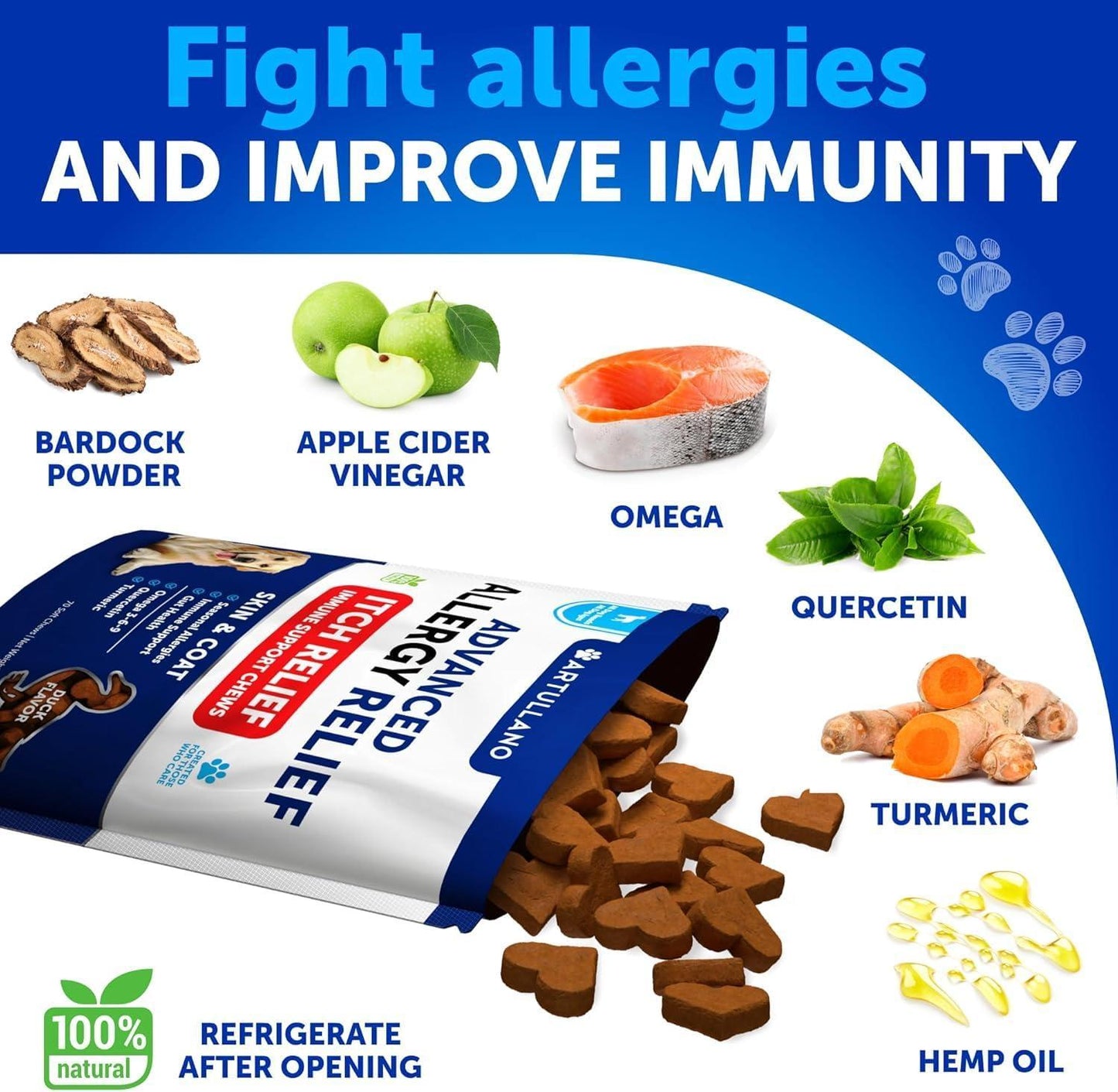 Artullano Dog Itching Skin & Coat Anti Itch, Hot Spots, and Allergy Relief Treatment. Immune Health Supplement for Dogs with Fish Oil and Omega 3. 70 Treats. Duck Flavor. For Pet With Love
