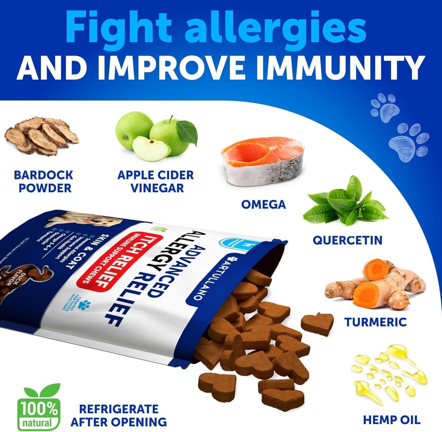 Artullano Dog Itching Skin & Coat Anti Itch, Hot Spots, and Allergy Relief Treatment. Immune Health Supplement for Dogs with Fish Oil and Omega 3. 70 Treats. Duck Flavor. For Pet With Love