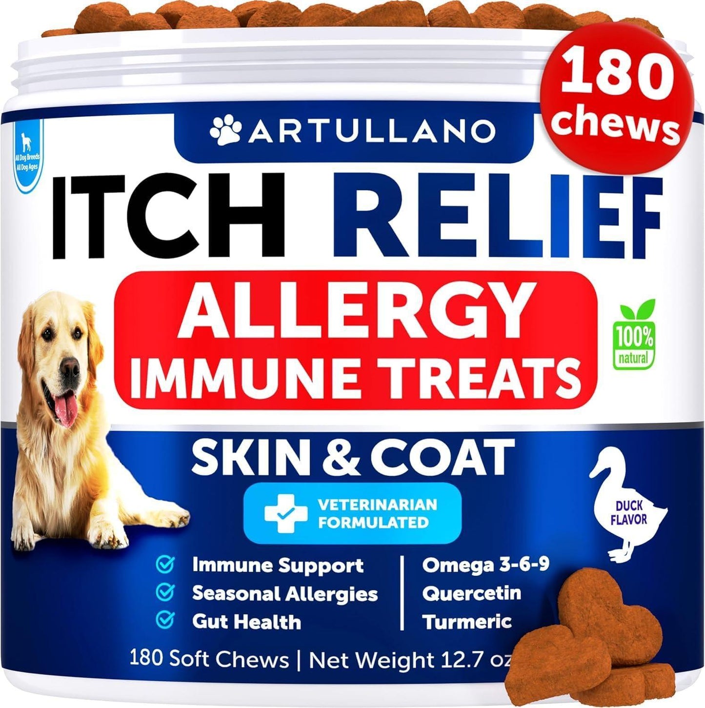 Artullano Canine Immune Health Supplement Itching Skin & Allergy Relief 180 Ct For Pet With Love