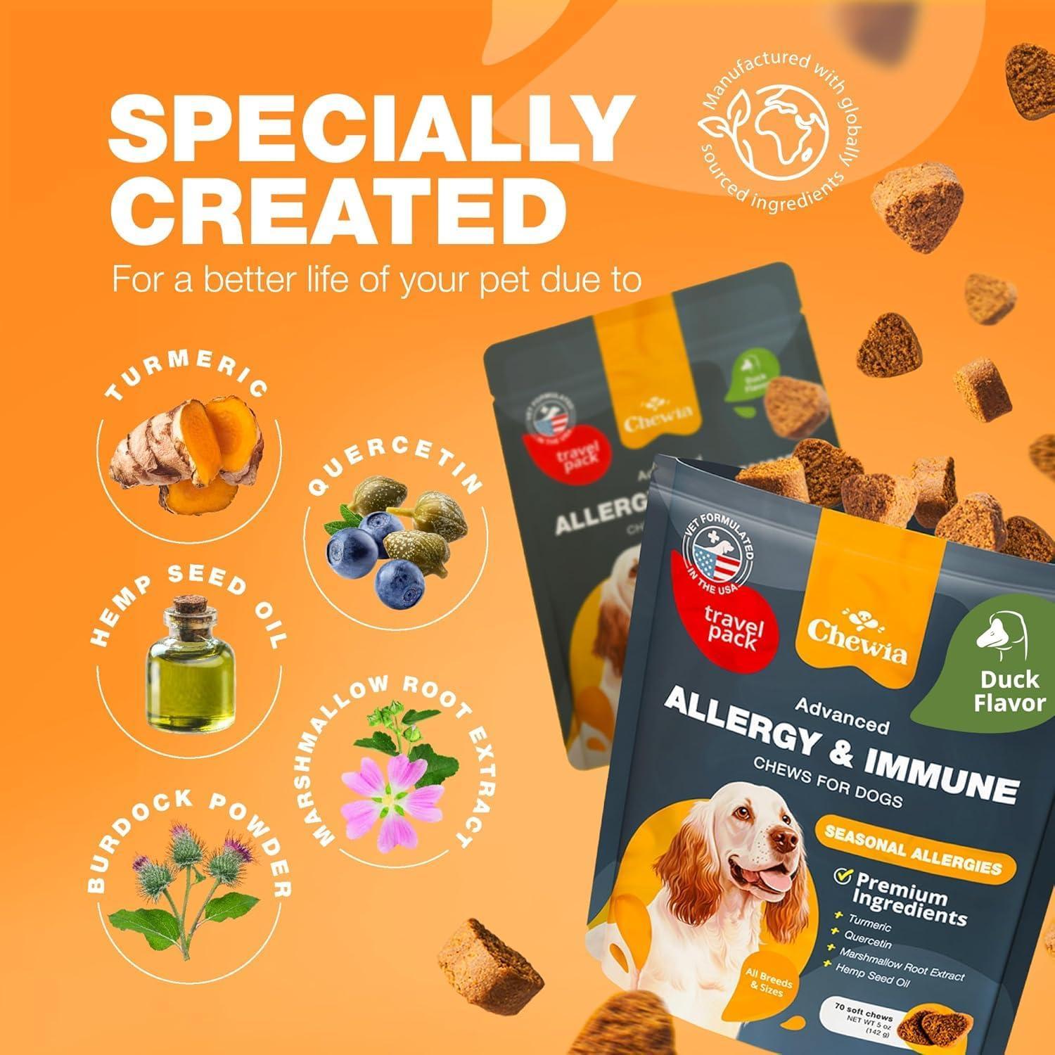 CHEWIA Dog Allergy Itch Relief Chews for Dogs. US Formulated Immune Health Seasonal Allergies & Hot Spots Support Treats with Salmon Oil (70 Chews. Duck Flavor) For Pet With Love