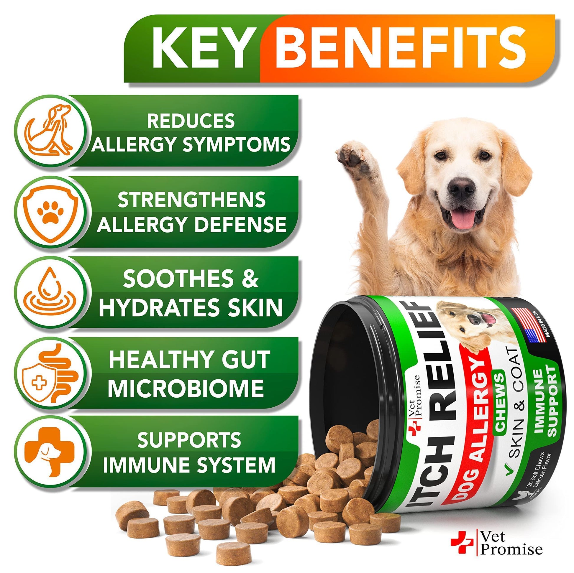 Vet Promise Allergy Itch Relief Immune Support Skin & Coat Health Supplement for Dogs. Made in USA.  120 Treats For Pet With Love
