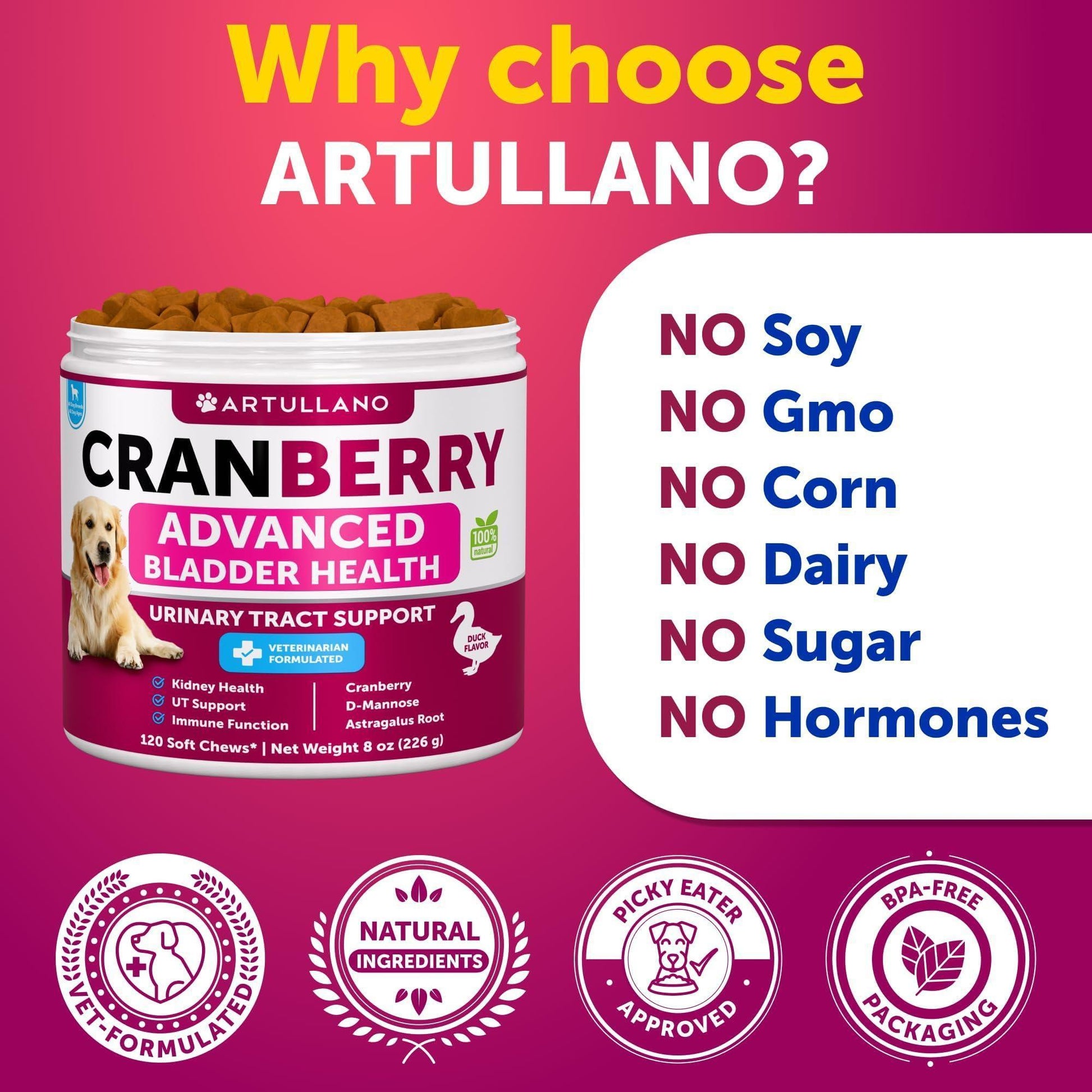 Artullano Advanced Bladder Health UTI Cranberry Treatment and Bladder Control Supplement for Dogs. Provides Kidney Support. Bladder Stones, Urinary Tract Infection, Incontinence Treatment (2 Pack) 240 Chews For Pet With Love