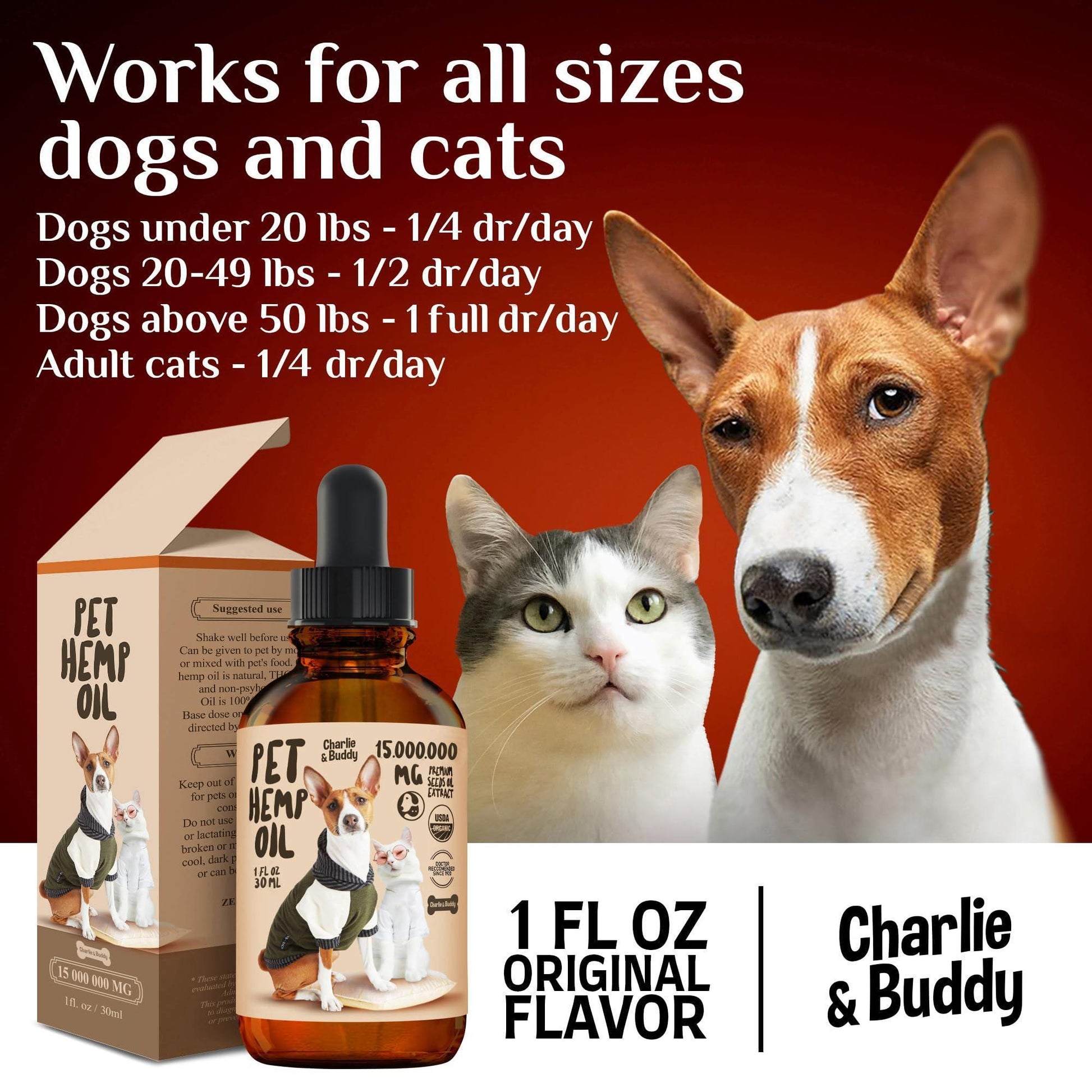 Charlie & Buddy Hemp Oil for Dogs and Cats. Hip and Joint Support and Skin Health Anxiety Calm. Omega 3, 6, 9, and Vitamins B, C, and E For Pet With Love