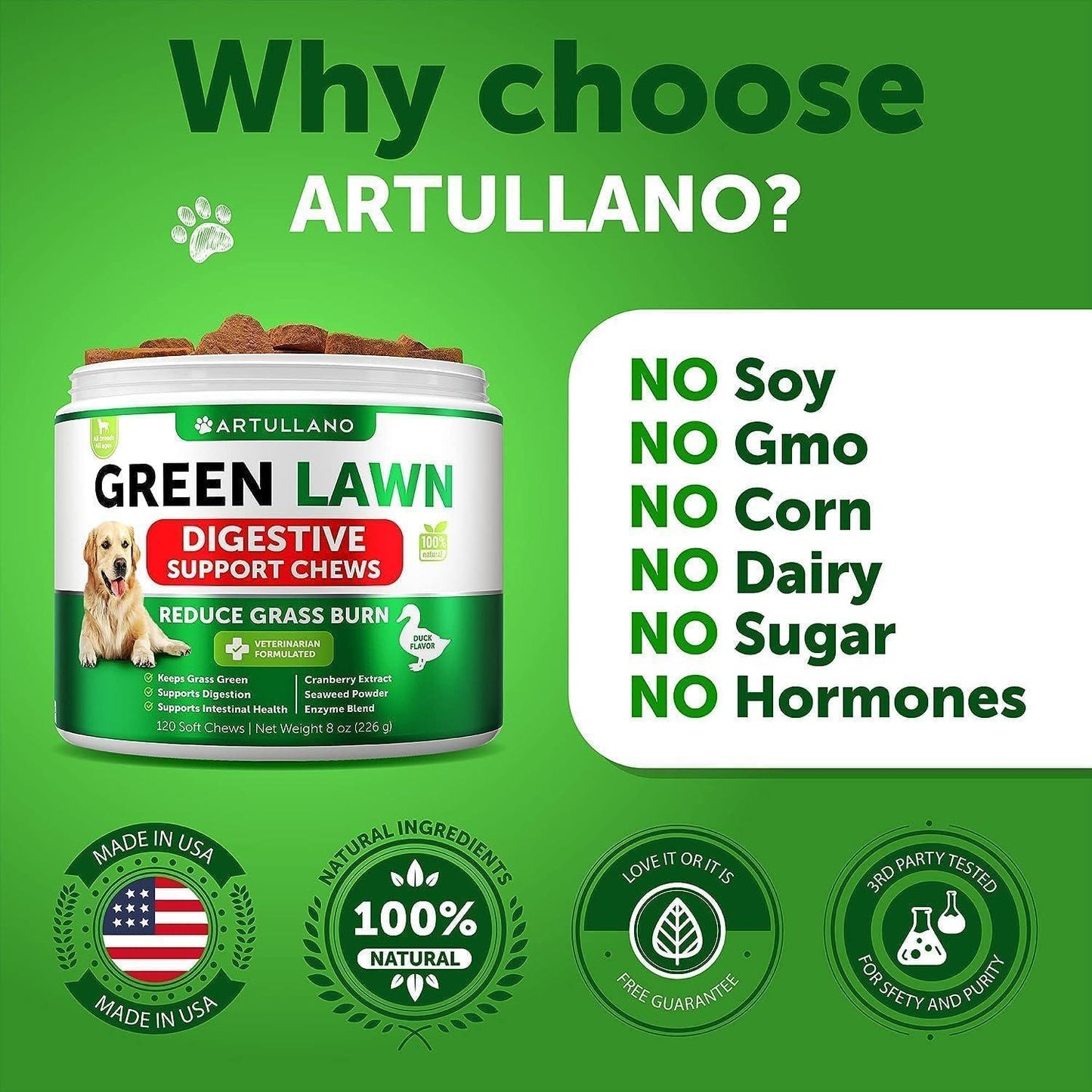 Artullano Dog Probiotics Digestive Enzymes & Urine Neutralizer for Green Lawn 120 Chews For Pet With Love