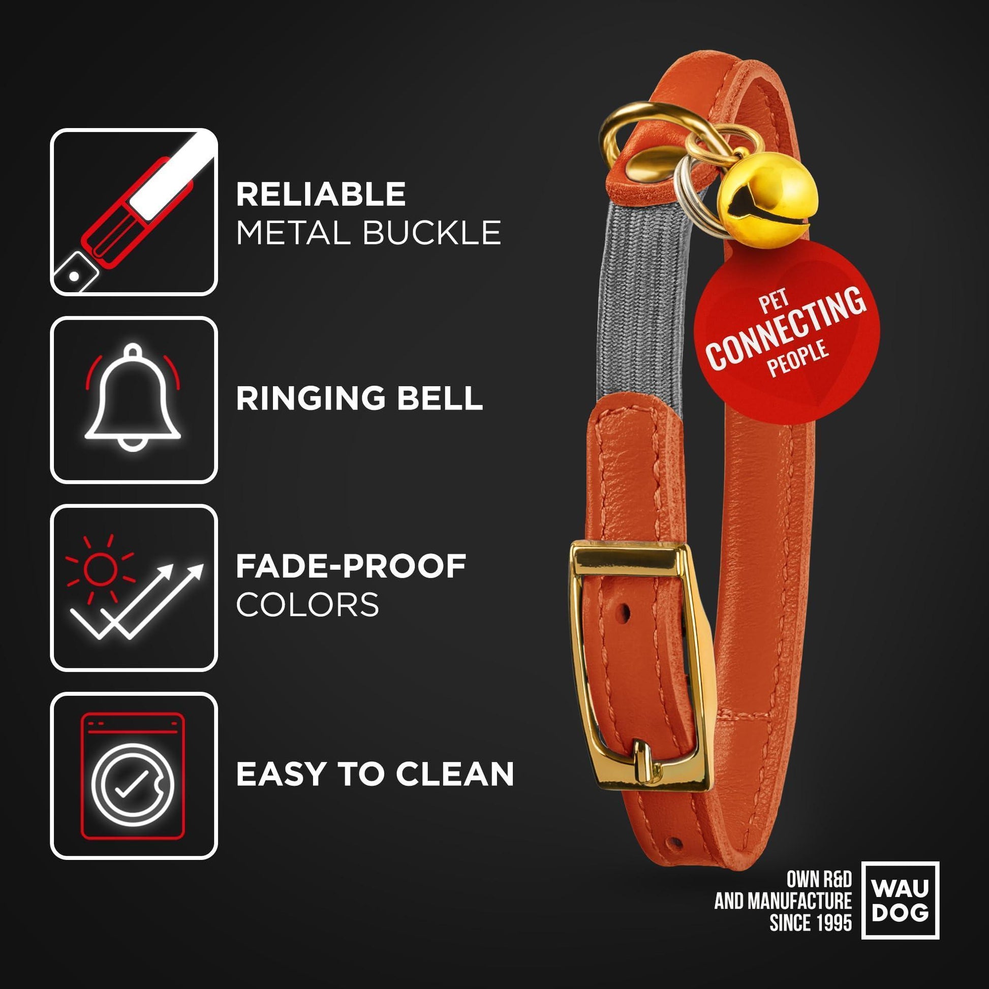 WAUDOG Ultra Soft Rolled Leather Cat Collar with Removable Bell Safety Elastic Strap and QR ID Tag. Orange. (SMALL) For Pet With Love